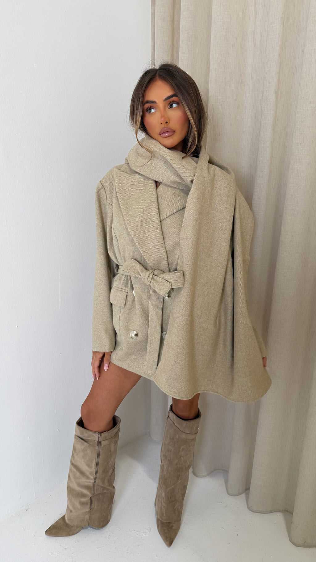 Caramella ODETTE Micro Herringbone Tweed Long Sleeved Tailored Jacket & Scarf In Biscuit