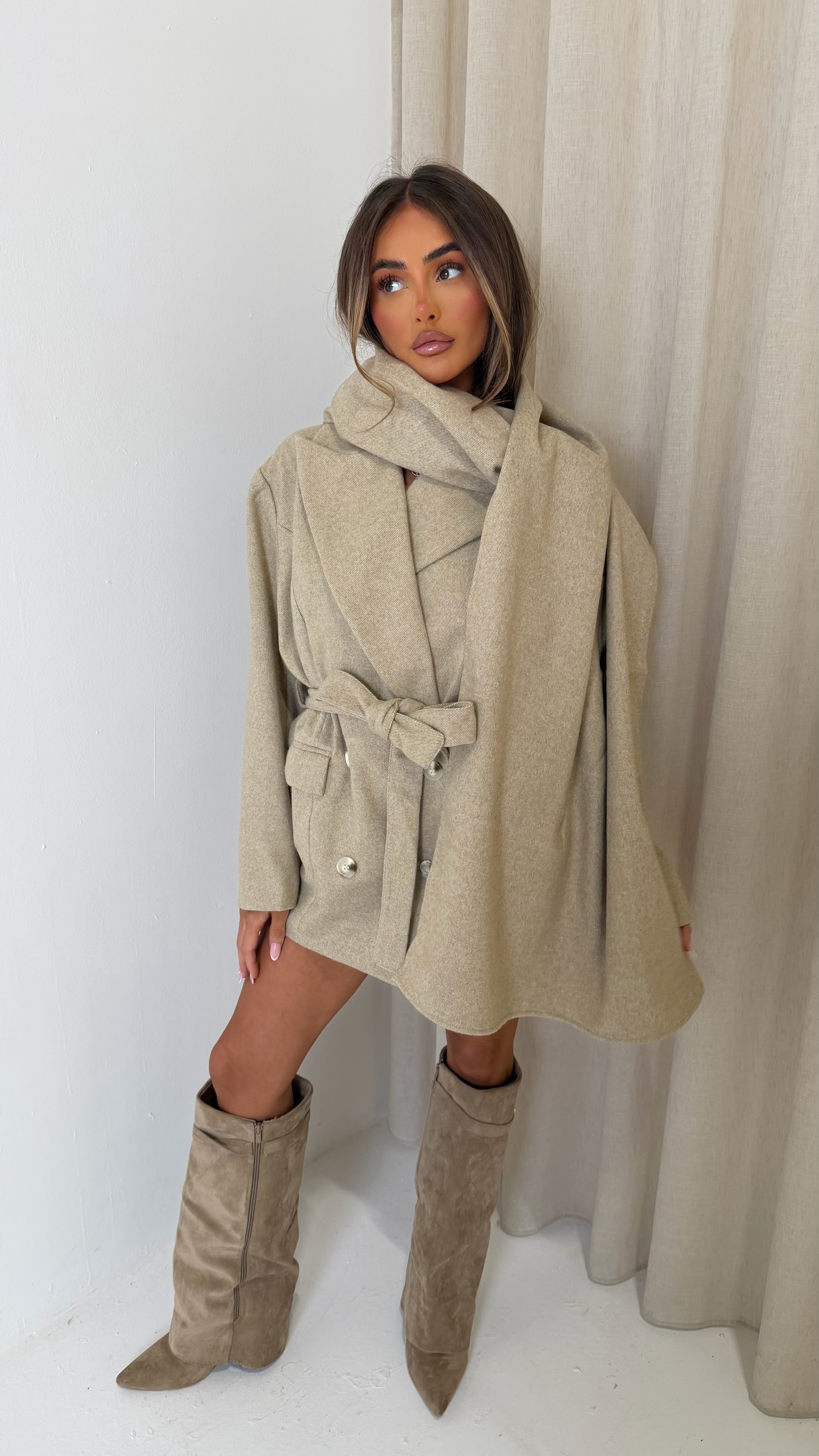 Caramella ODETTE Micro Herringbone Tweed Long Sleeved Tailored Jacket & Scarf In Biscuit