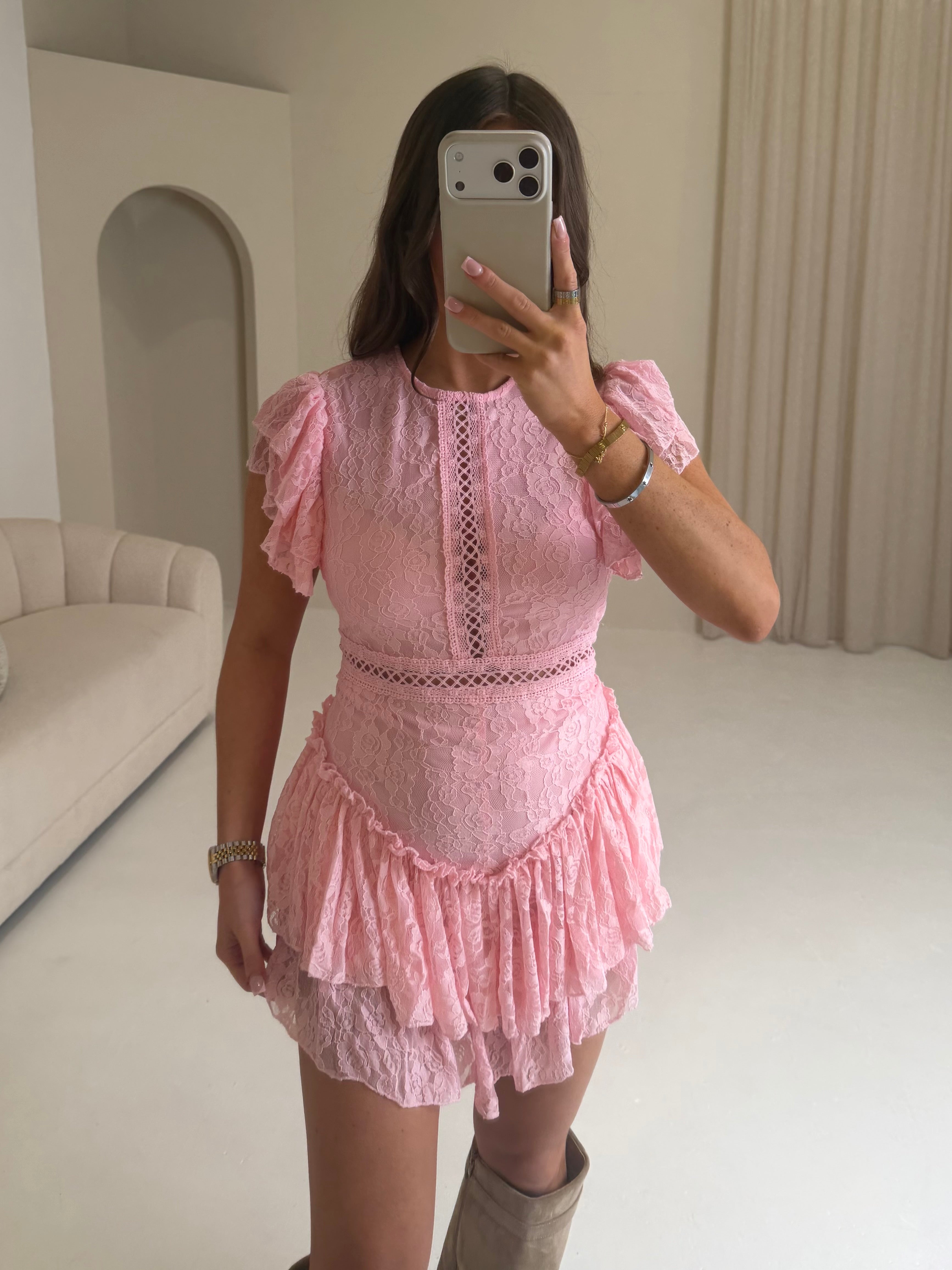 GIGI Lace Ruffle Detail Playsuit In Pink
