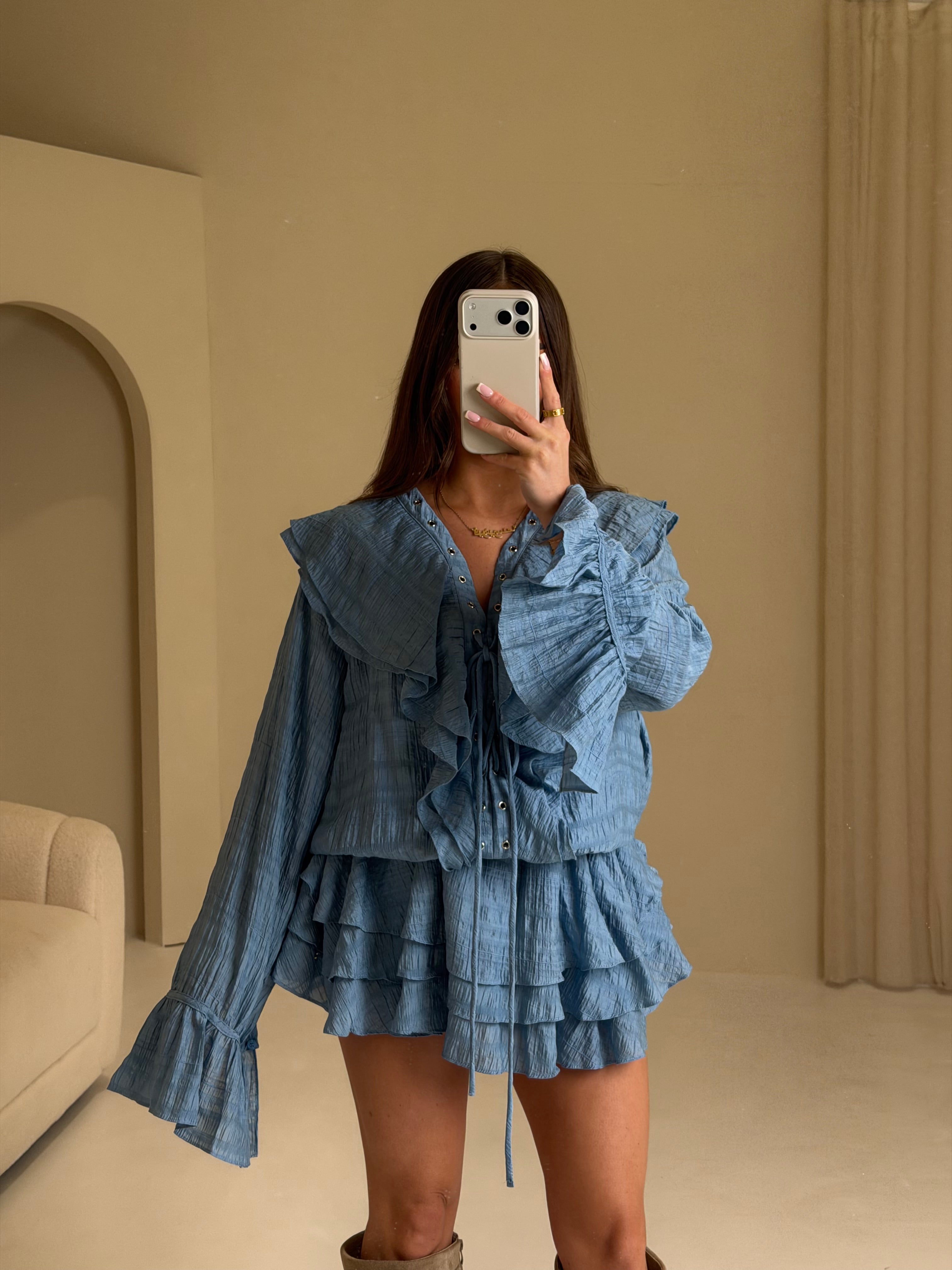 CANNES Ruffle Tie Up Long Sleeved Dress In Blue