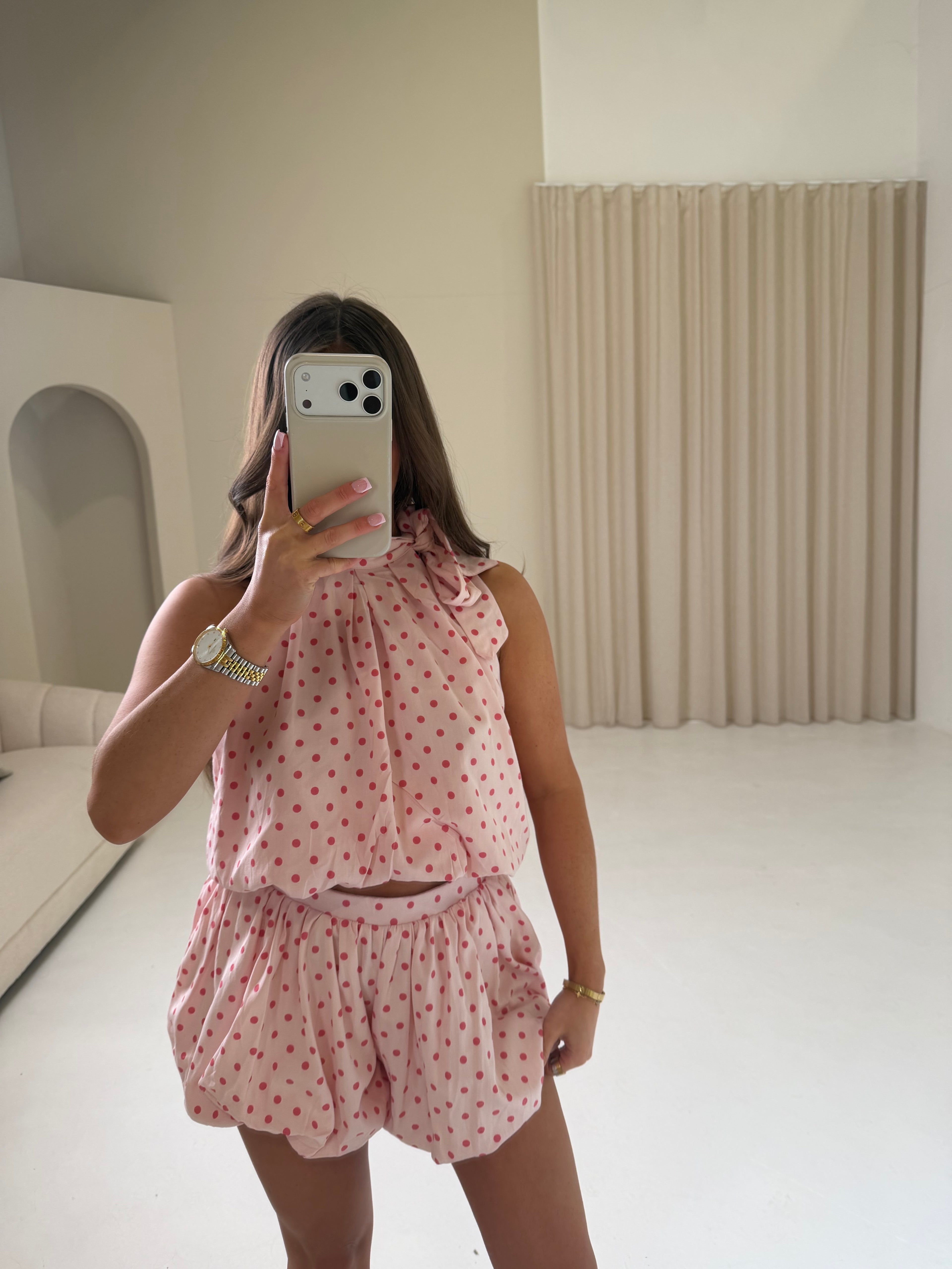 LULU Polka Dot Halterneck Tie Top & Puffball Skirt Co-Ord In Pink