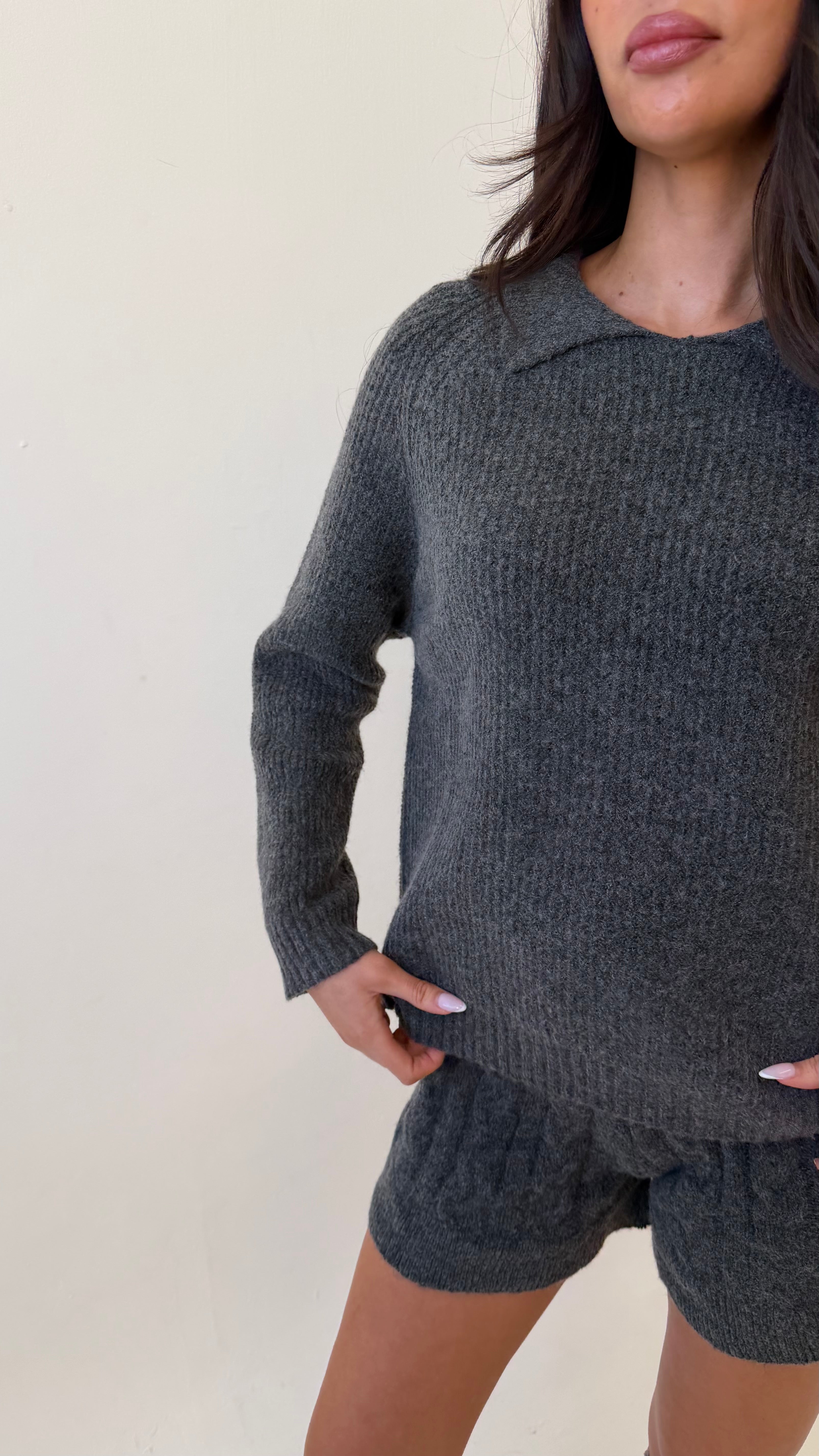 SIENA Knitted Jumper & Cable Knit Shorts Co-ord In Charcoal Grey