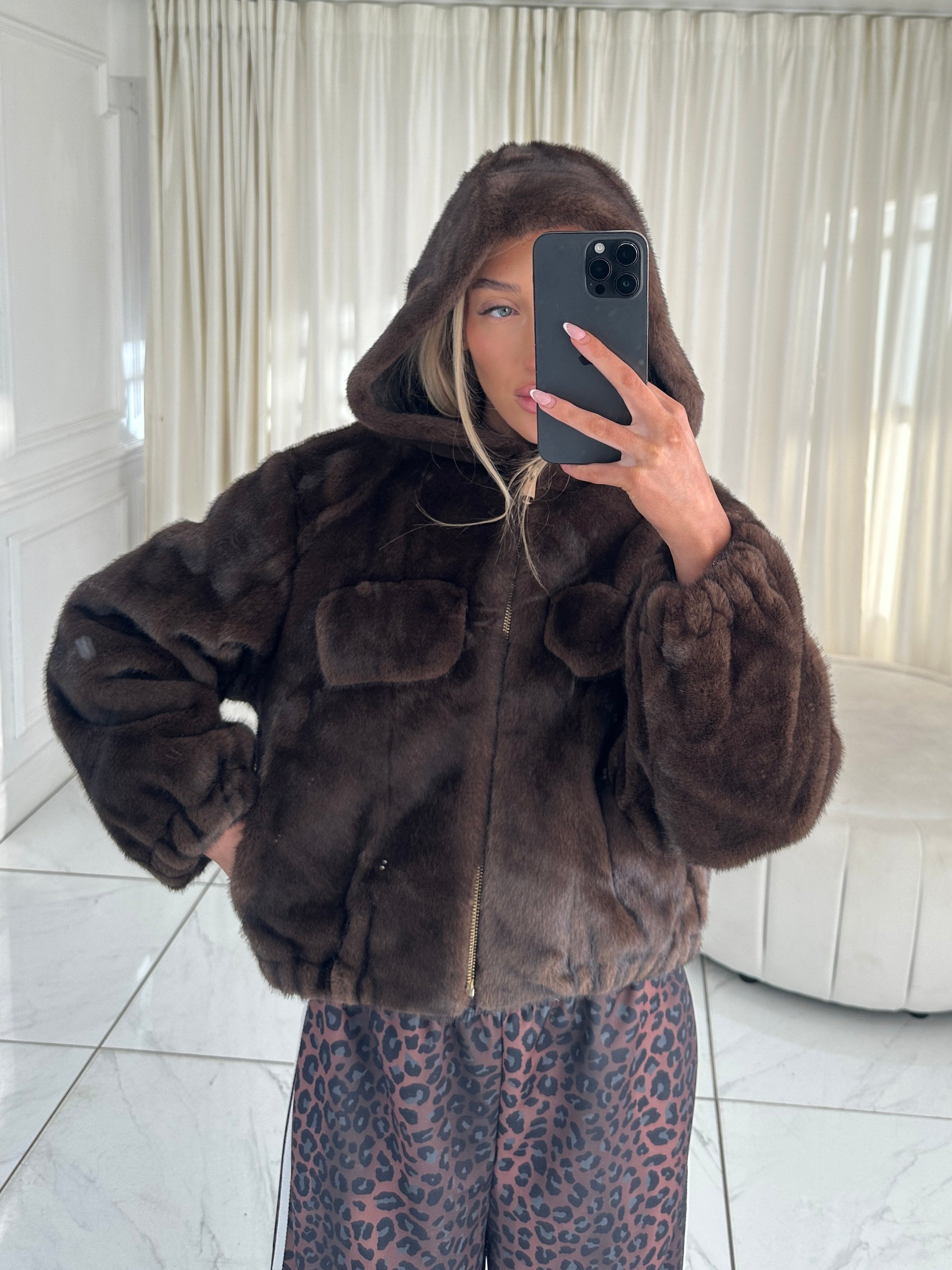 OLIVIA Faux Fur Hooded Bomber Jacket In Chocolate