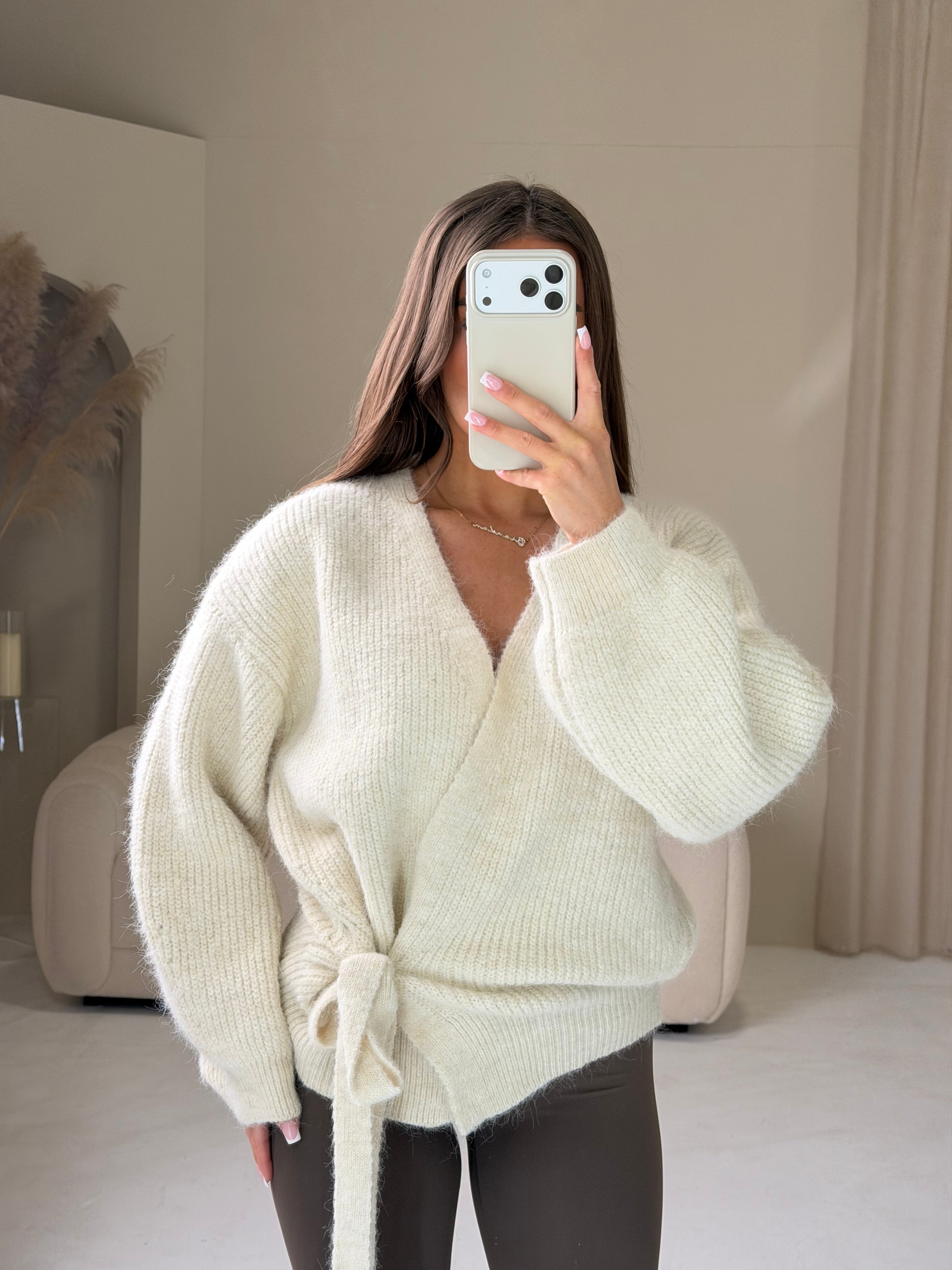 LACEY Knitted Long Sleeved Wrap Tie Cardigan In Vanilla