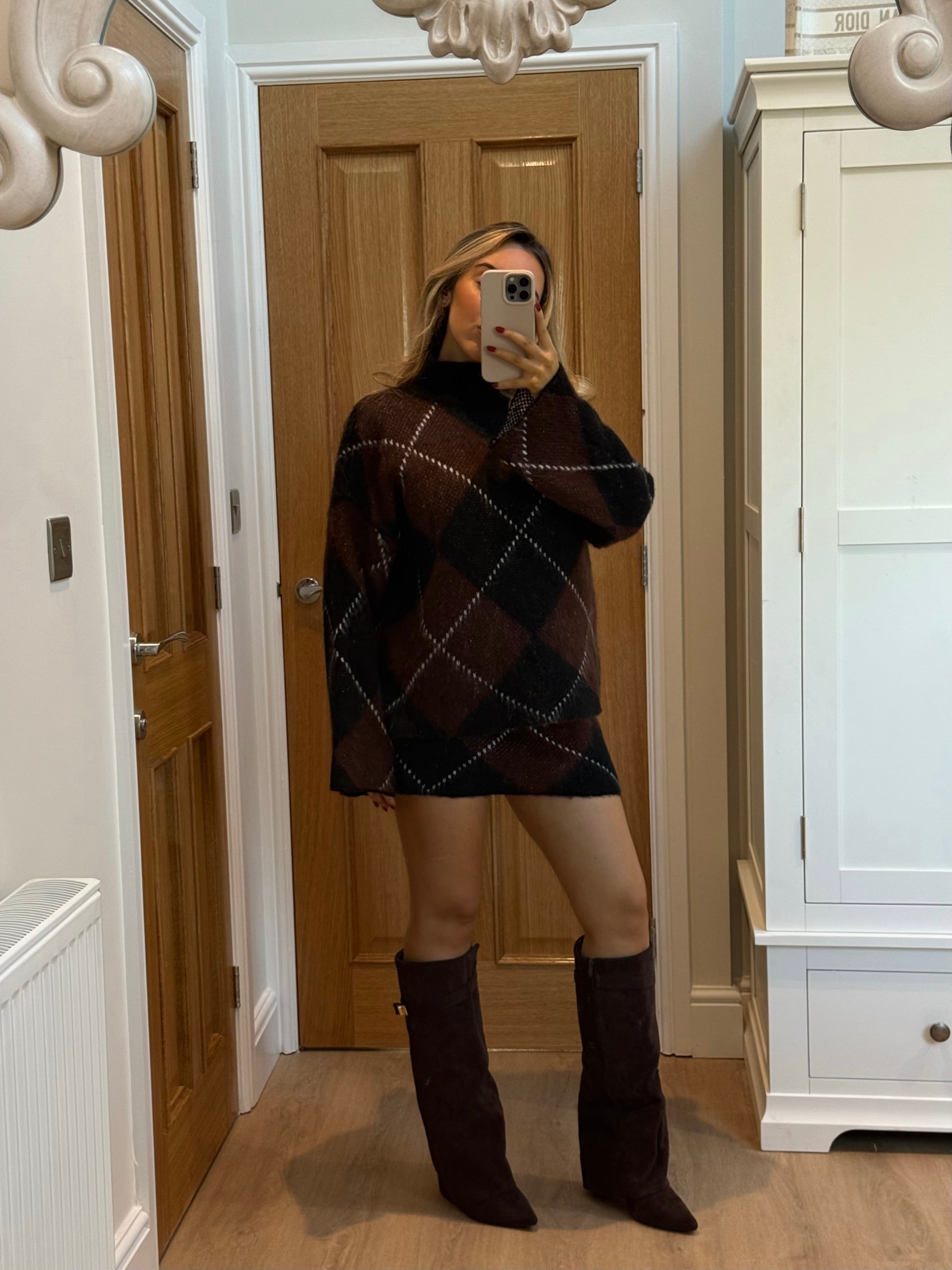 GRACE High Neck Knitted Argyle Jumper & Mini Skirt Co-Ord In Chocolate