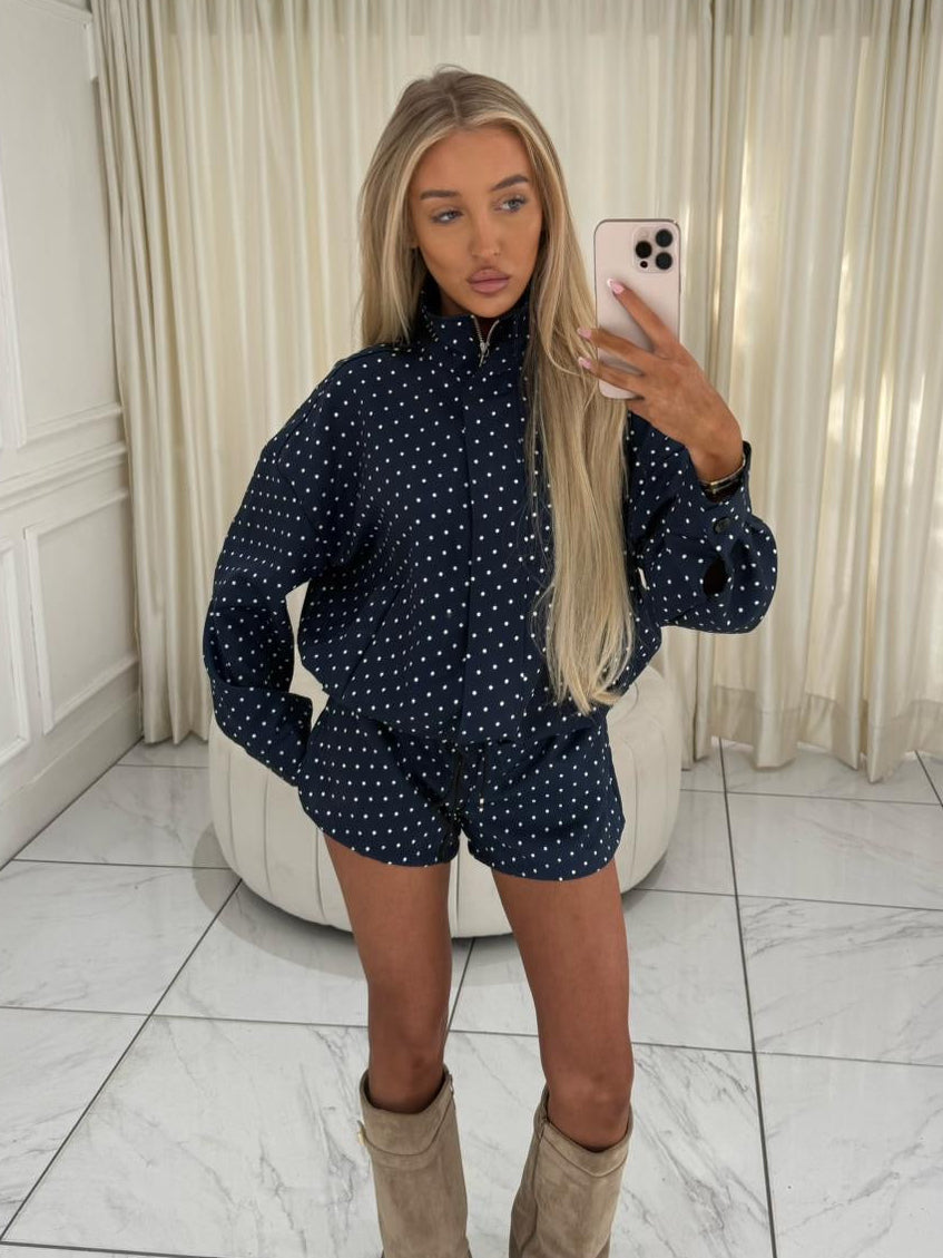 BONNIE Polka Dot Long Sleeved Jacket & Shorts Co-Ord In Navy