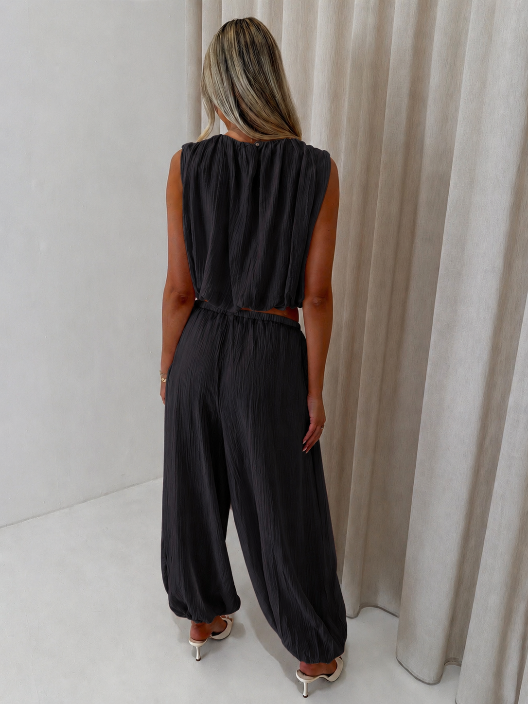 MARA Balloon Hem Sleeveless Top & Trouser Co-Ord In Black