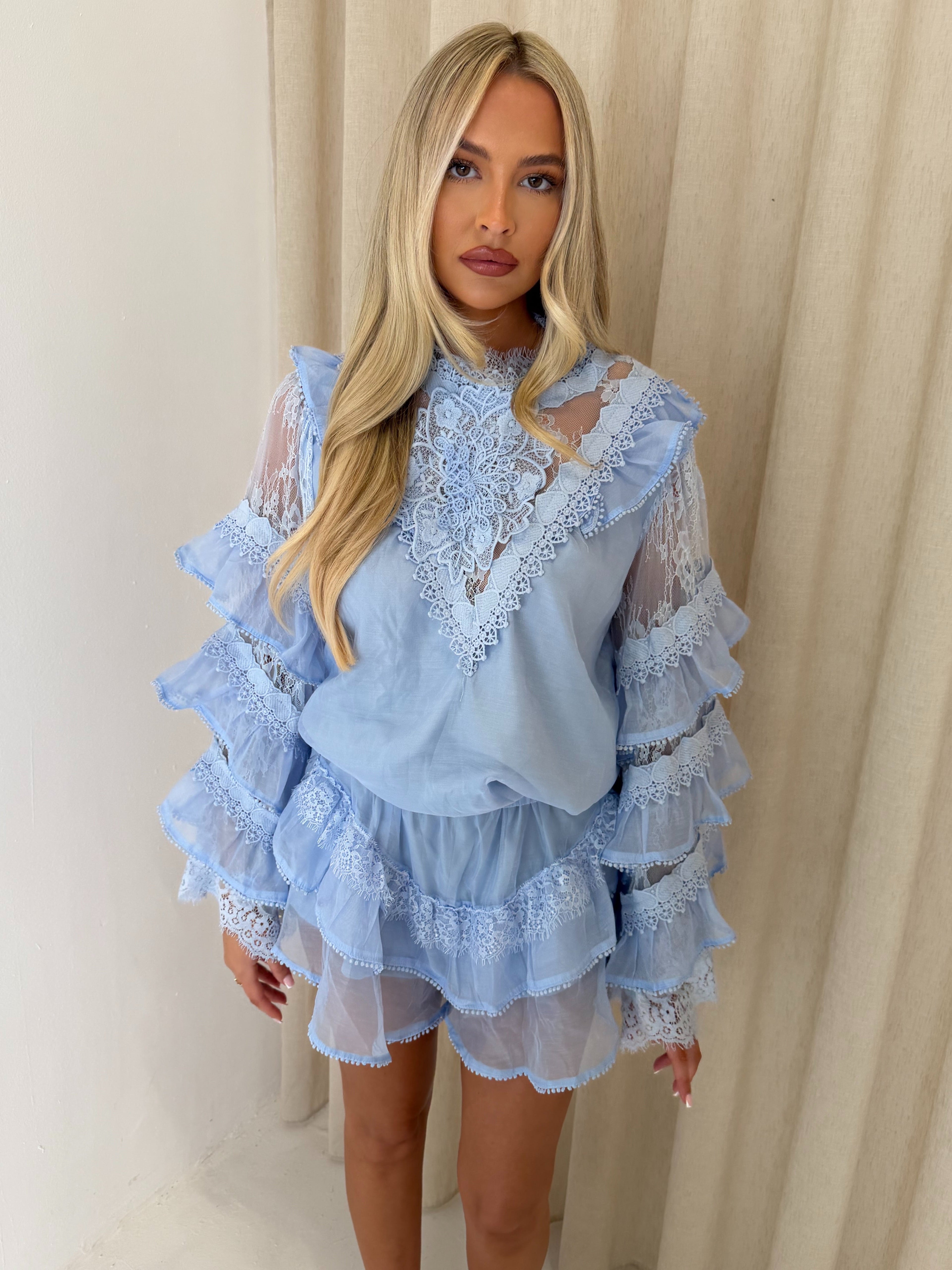 ISABEL Ruffle Long Sleeve Top & Mini Shorts Co-Ord In Blue