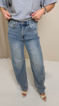 NEENA High Waisted Mid Wash Barrel Jeans In Blue