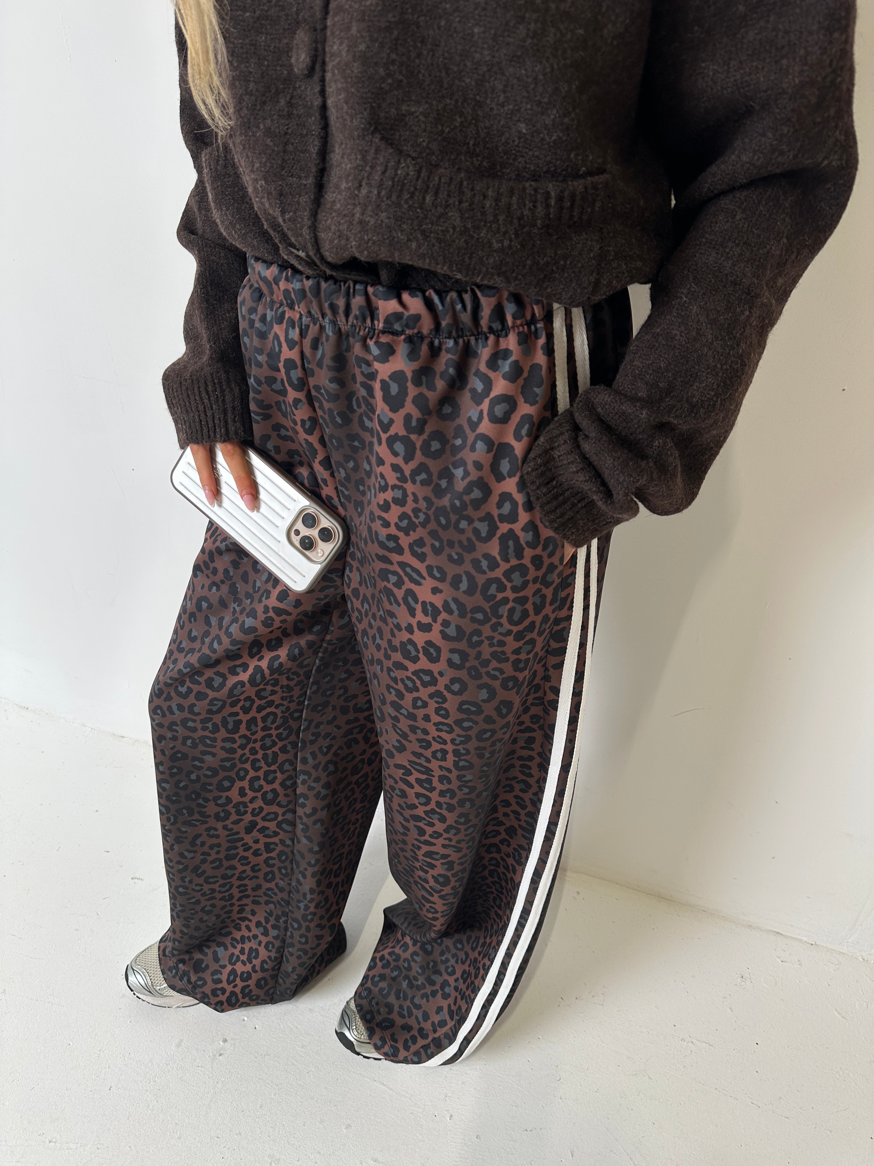 LUNA Leopard High Waisted Side Stripe Wide Leg Trousers In White