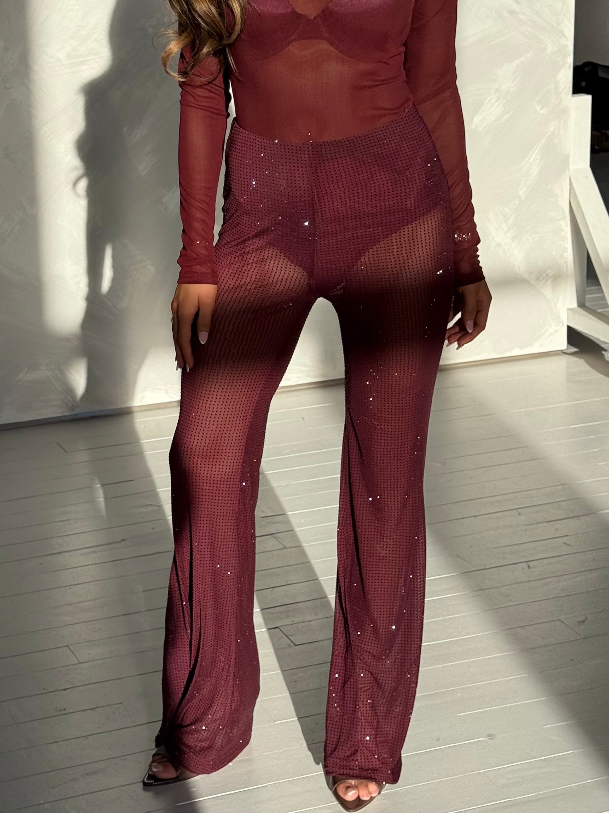 CELINA High Waist Diamanté Flared Trousers In Plum