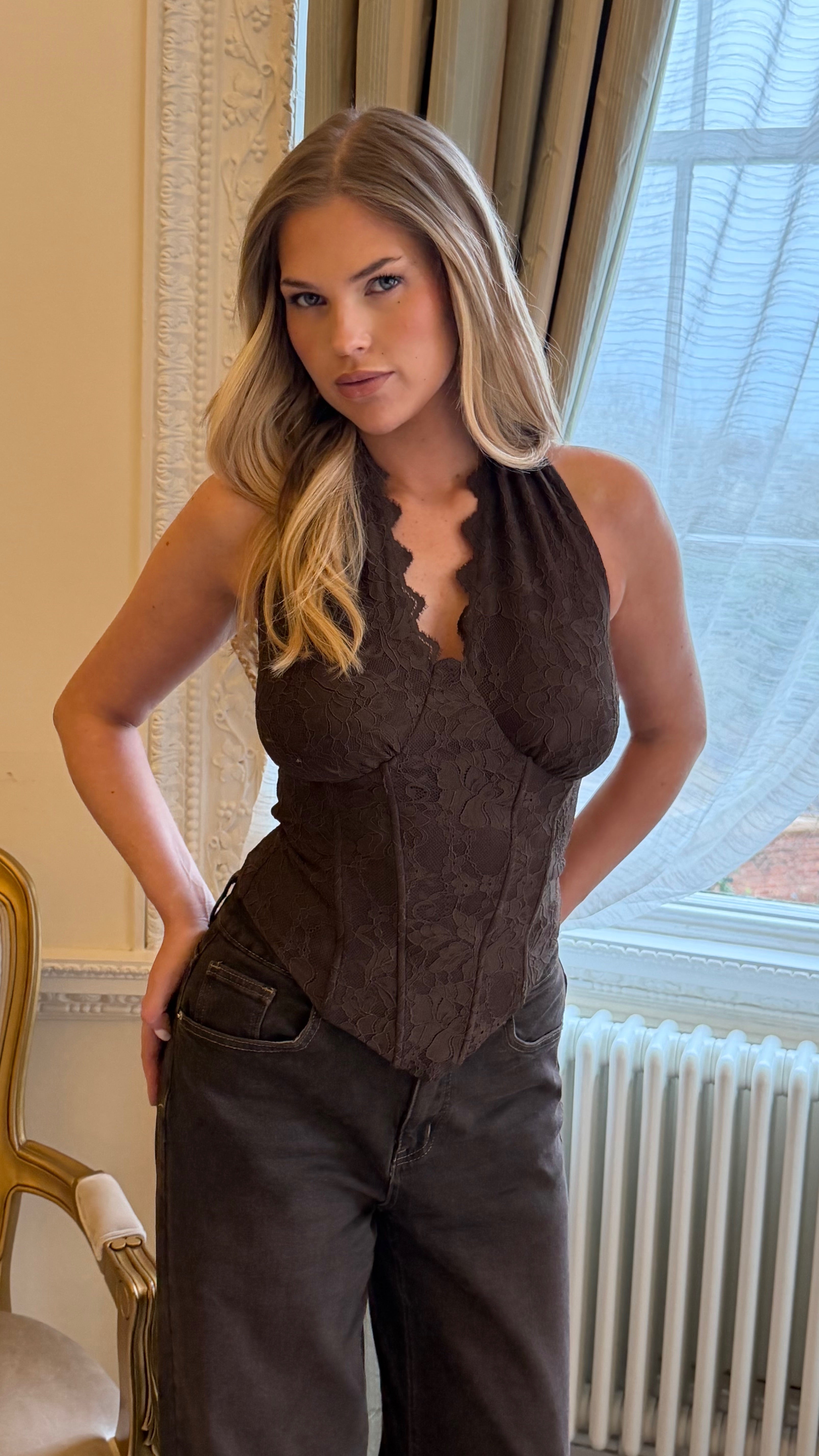 BLAIR Halterneck Tie Lace Corset Top In Espresso