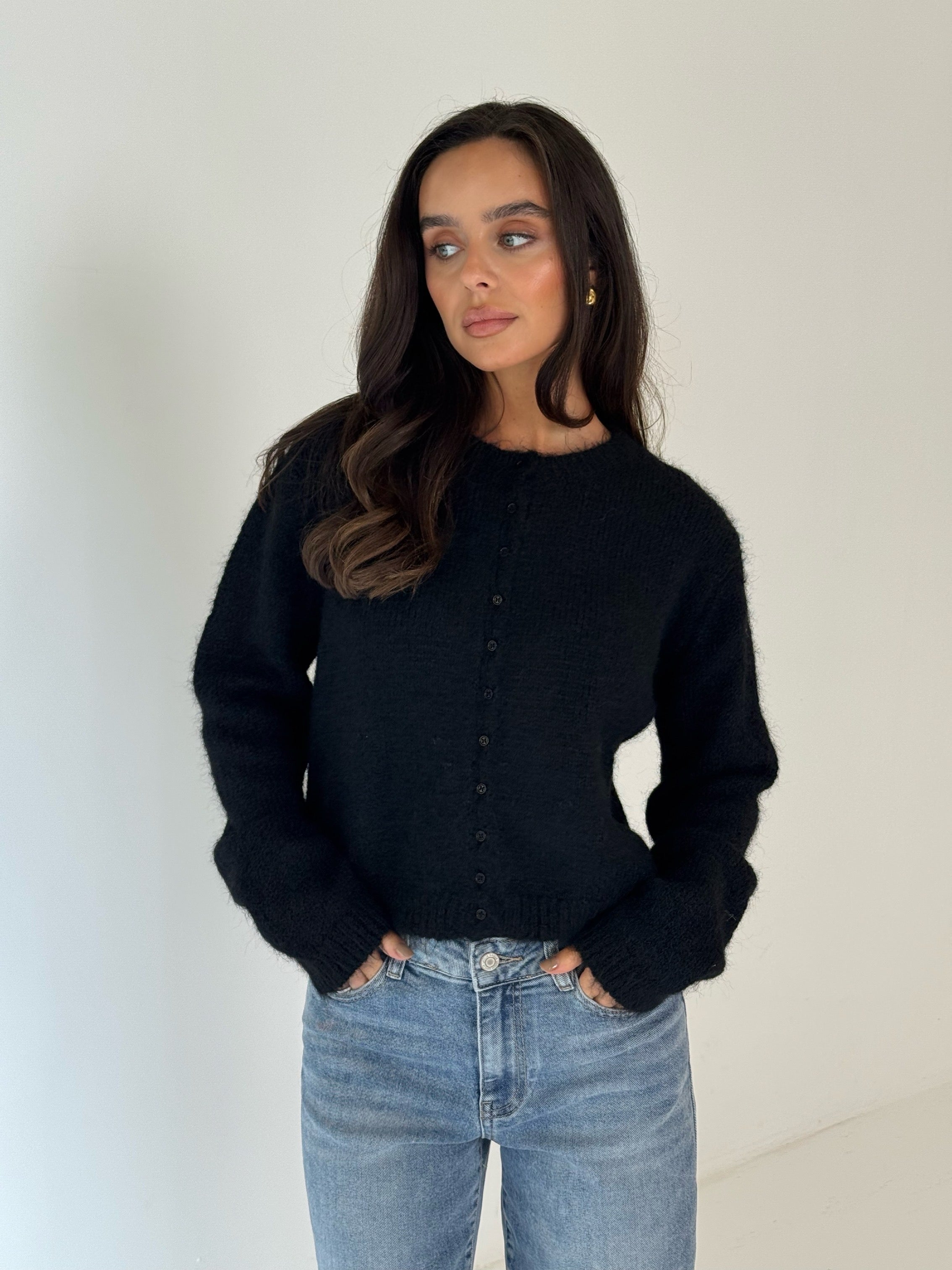 CERYS Knitted Long Sleeved Button Up Cardigan In Black
