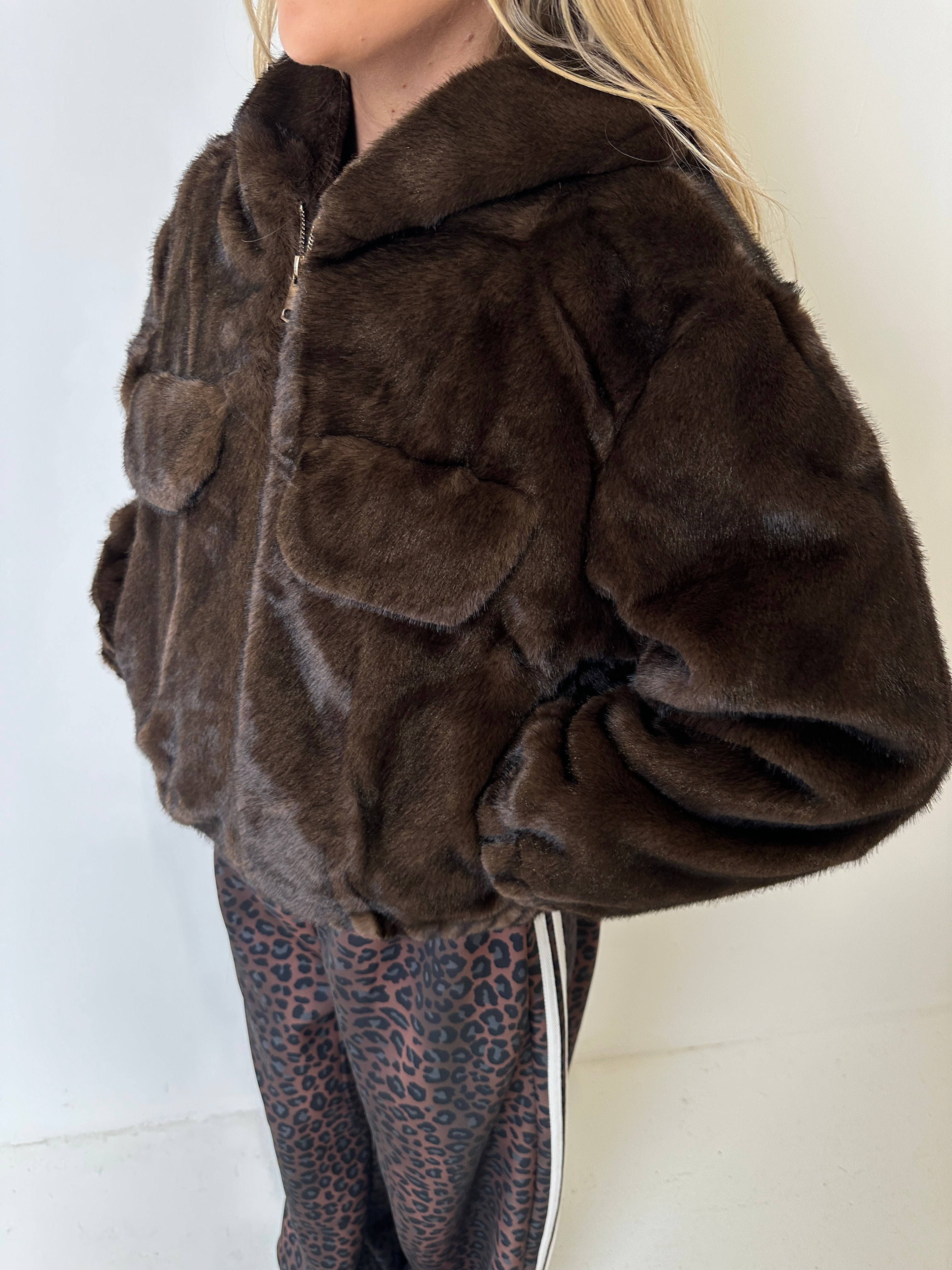 OLIVIA Faux Fur Hooded Bomber Jacket In Chocolate