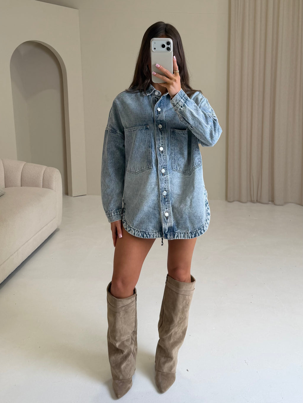 MARNIE Denim Long Sleeved Button Up Shacket In Blue