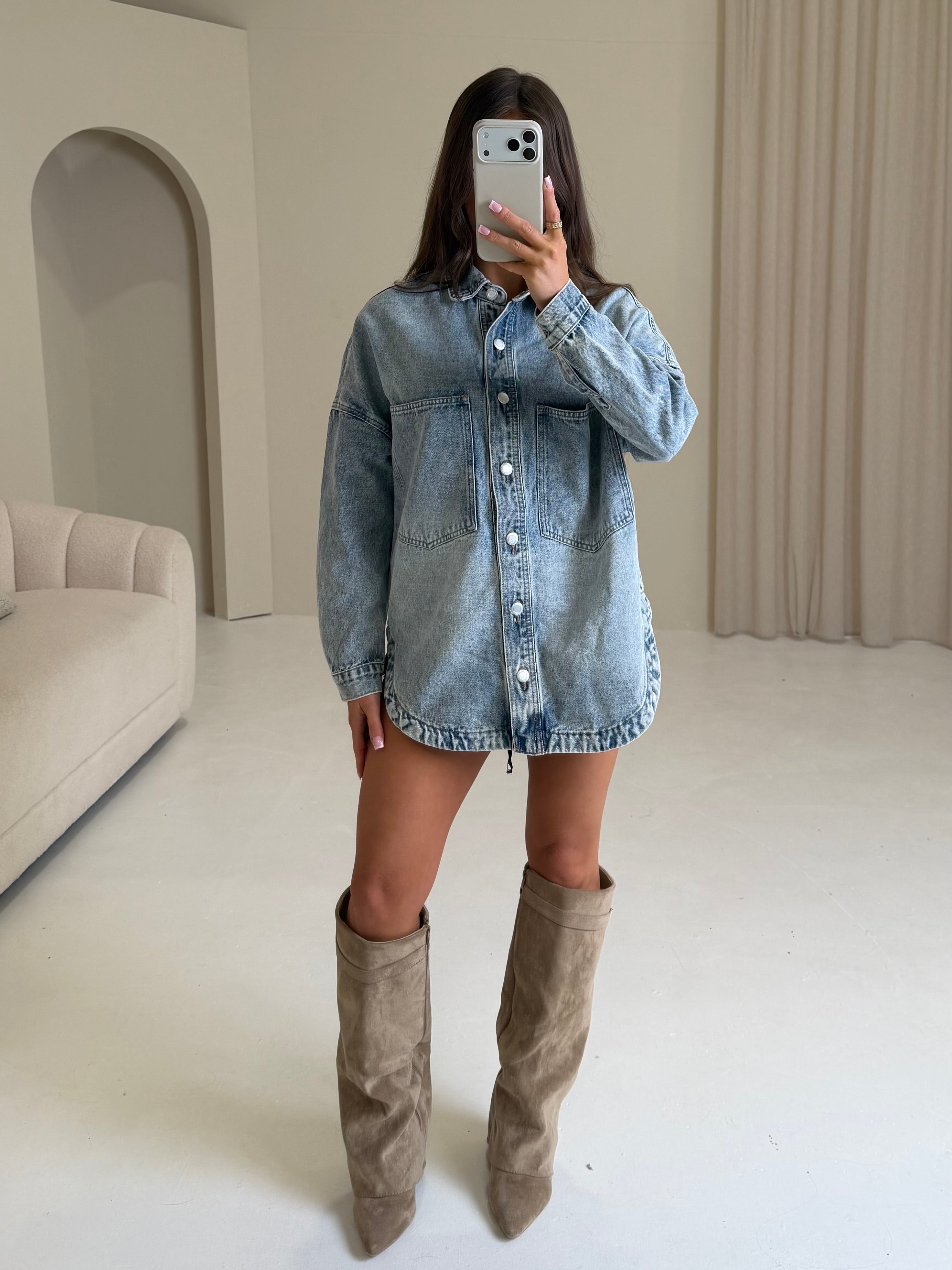 MARNIE Denim Long Sleeved Button Up Shacket In Blue