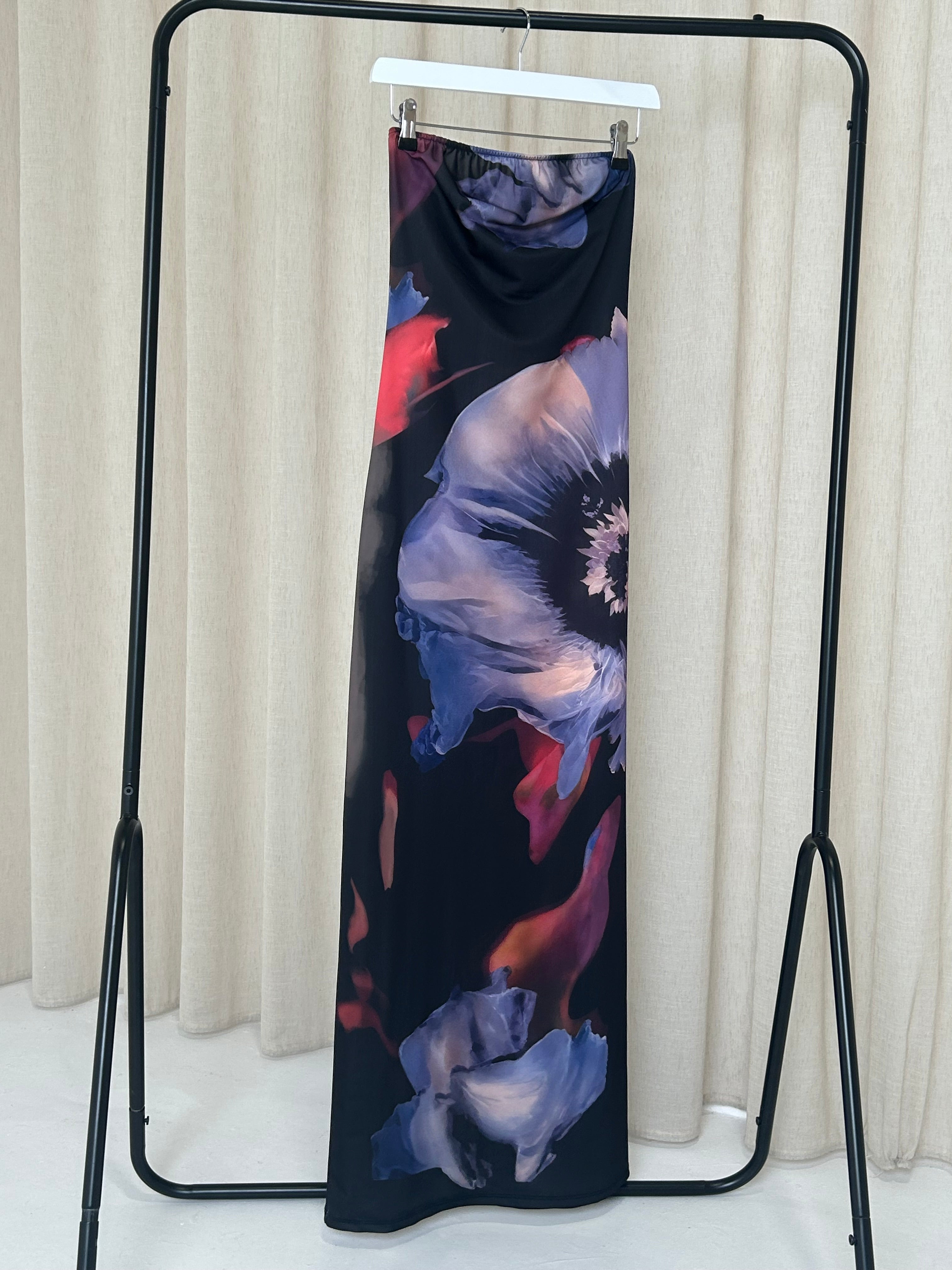 LILA Satin Floral Bandeau Maxi Dress In Purple