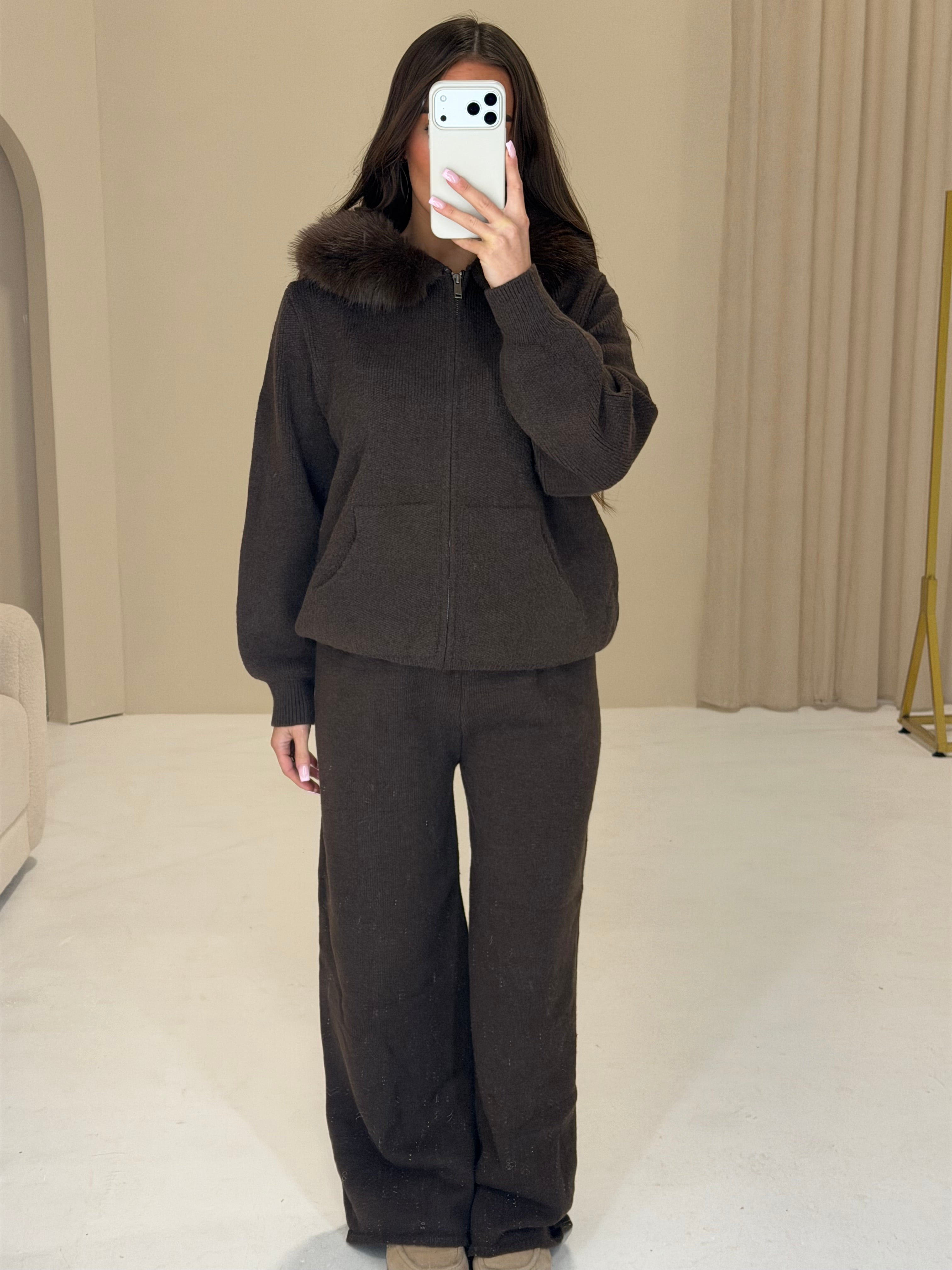 TEDDY Faux Fur Hooded Zip Up Top & Wide Leg Lounge Set In Chocolate