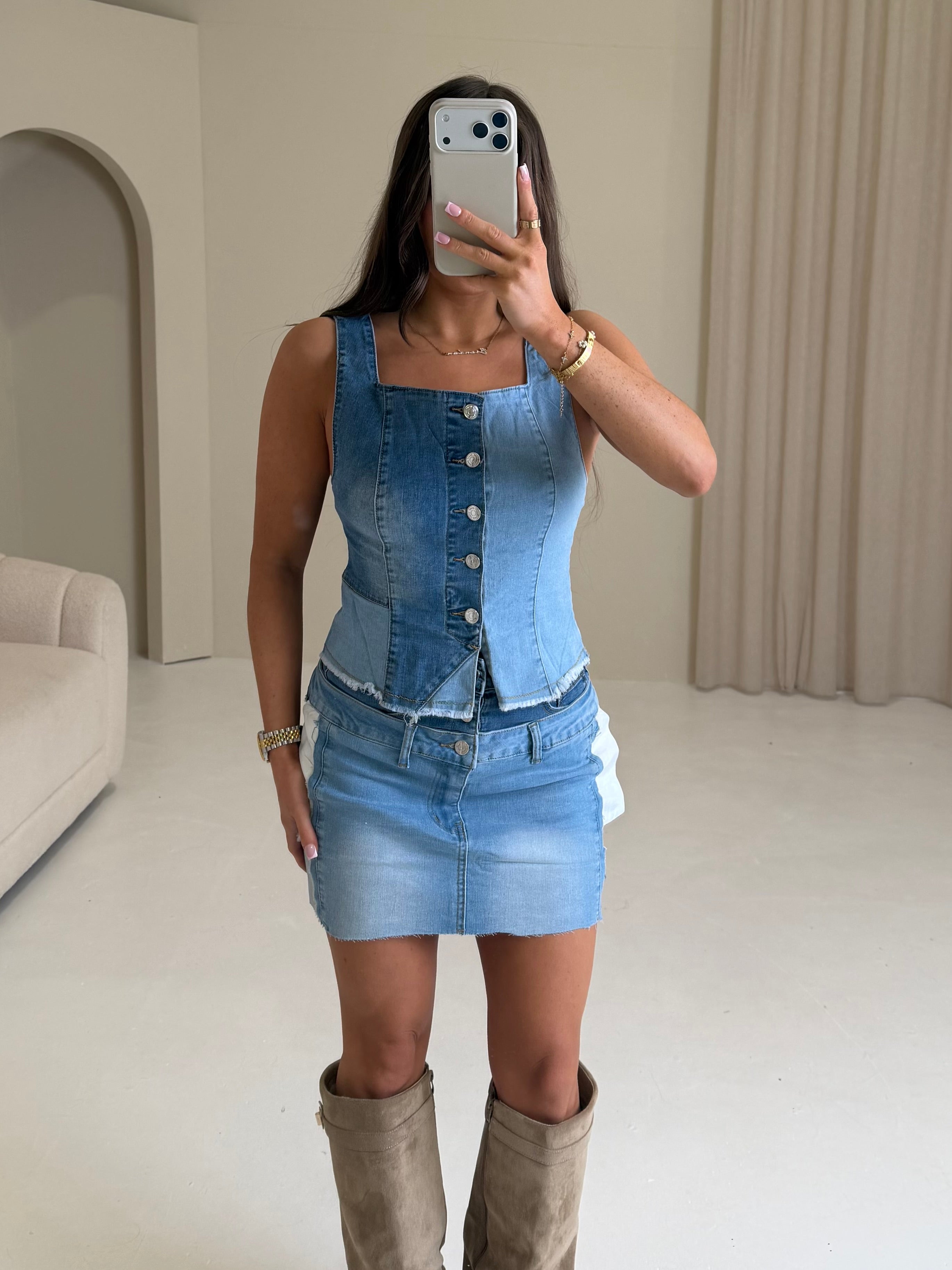 INDIE Denim Button Up Top & Mini Skirt Co-Ord In Blue