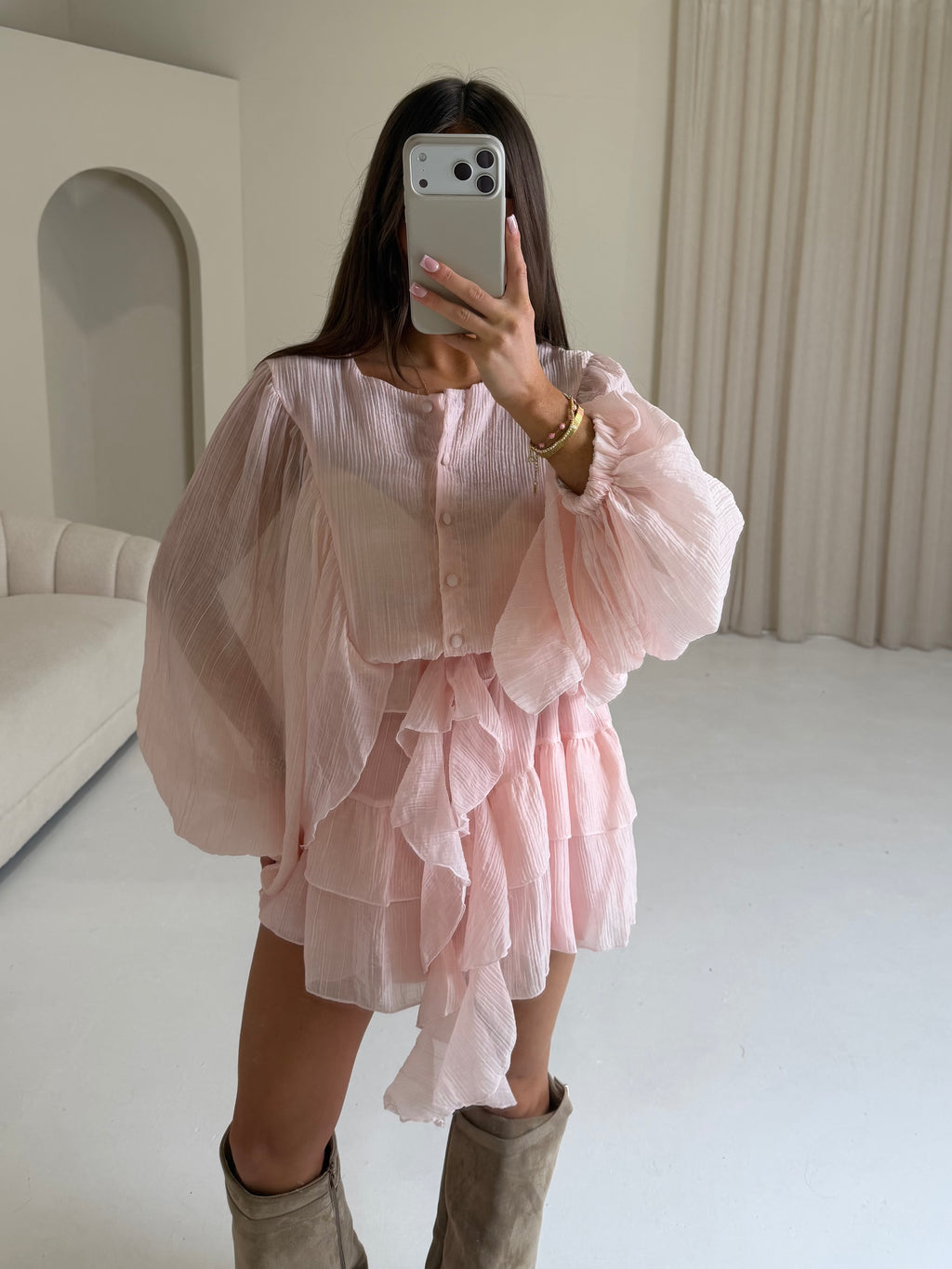 LUCIA Balloon Sleeve Ruffle Button Up Dress In Pink