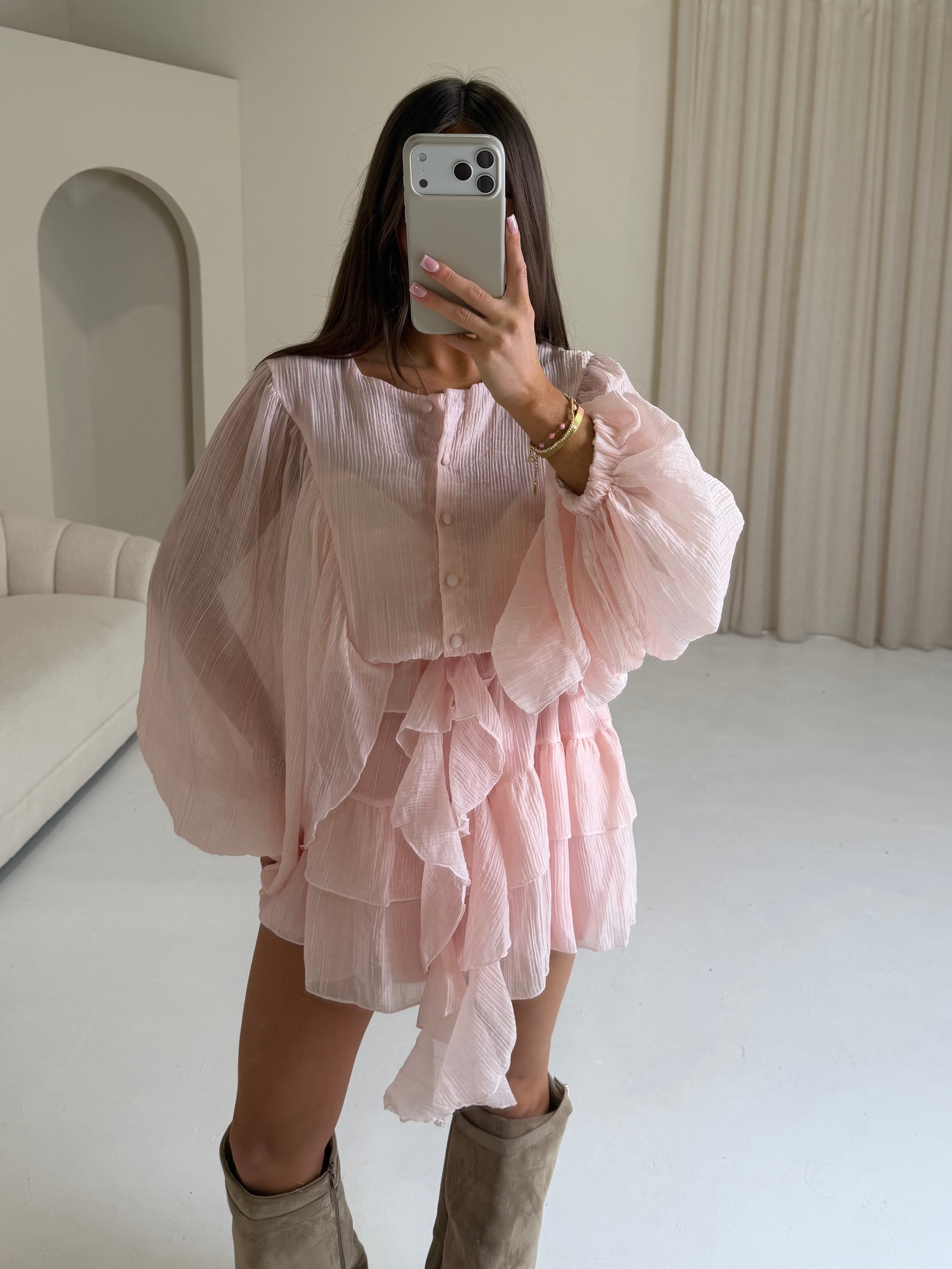LUCIA Balloon Sleeve Ruffle Button Up Dress In Pink