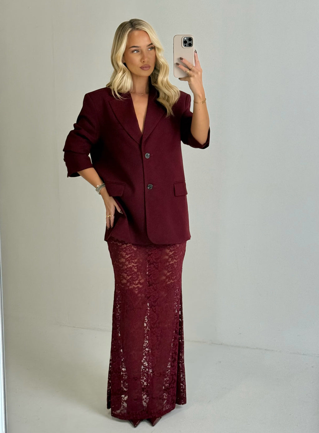DELILAH Long Sleeved Double Breasted Tailored Blazer In Wine