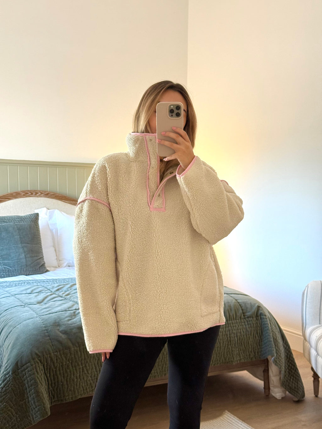 SADIE Shearling Long Sleeved Button Up Fleece In Vanilla Milkshake