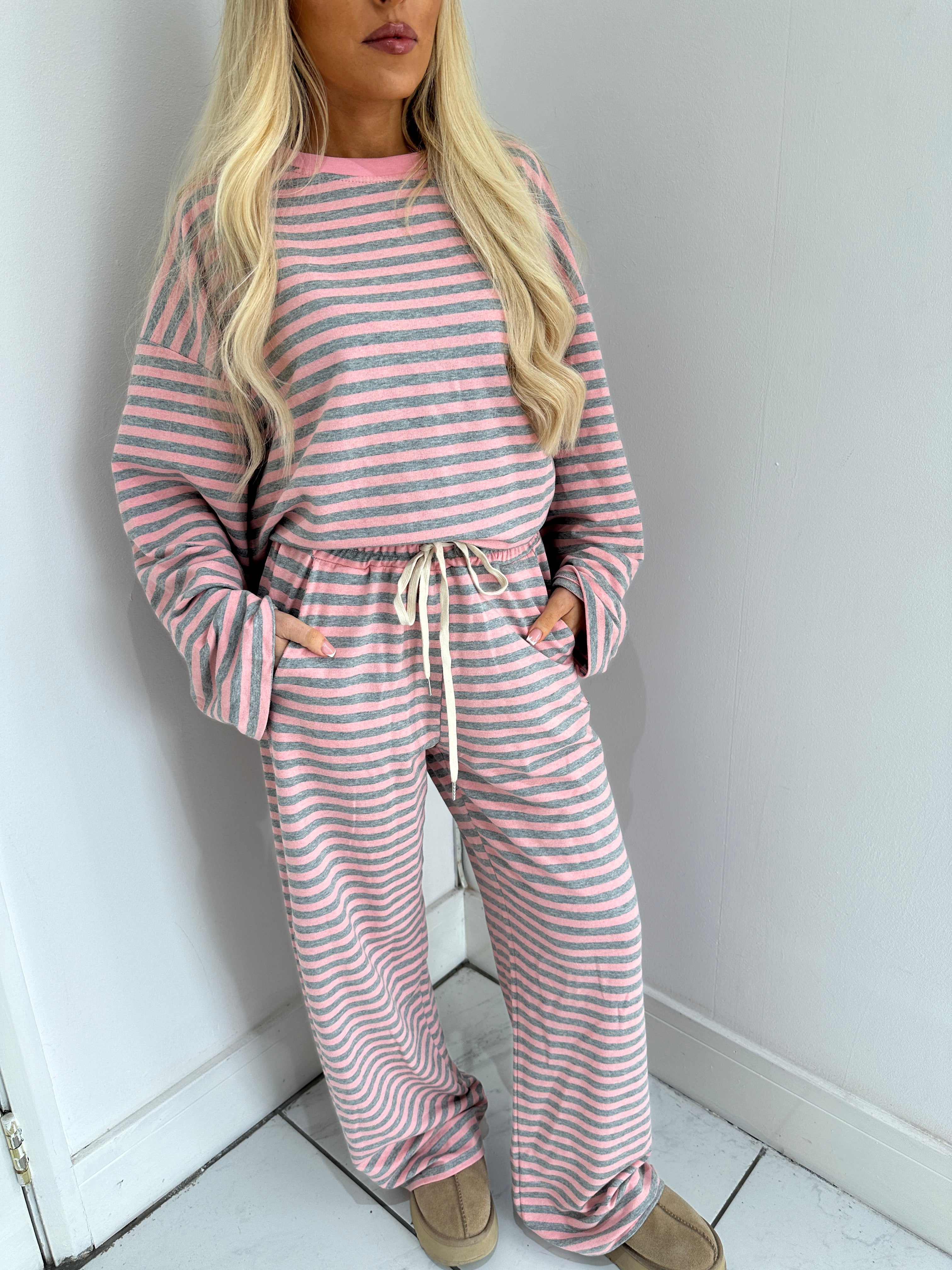 WILLOW Striped Long Sleeved Top & Wide Leg Trouser Co-Ord In Pink