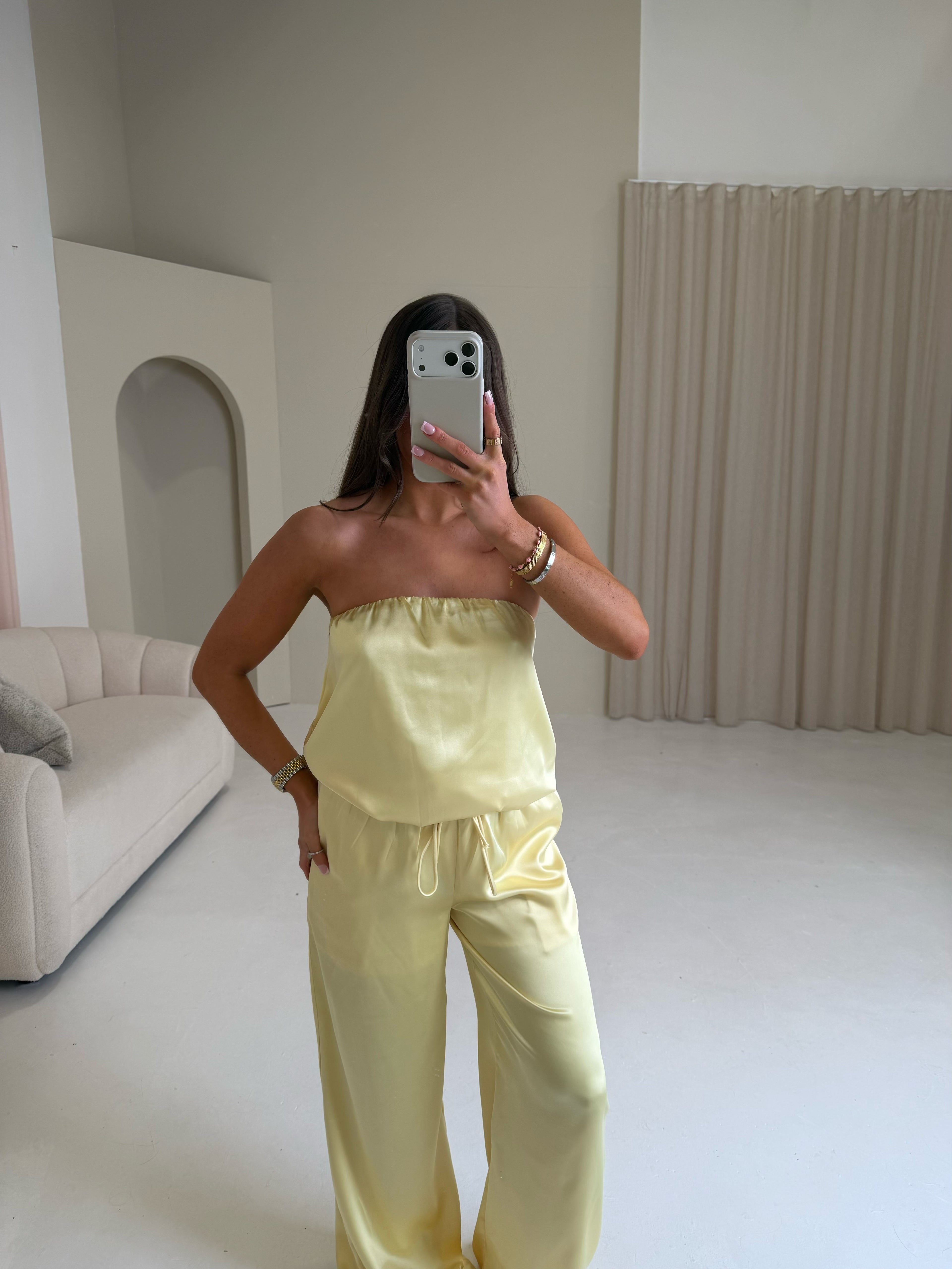SEREN Satin Bandeau Top & Wide Leg Trousers In Lemon