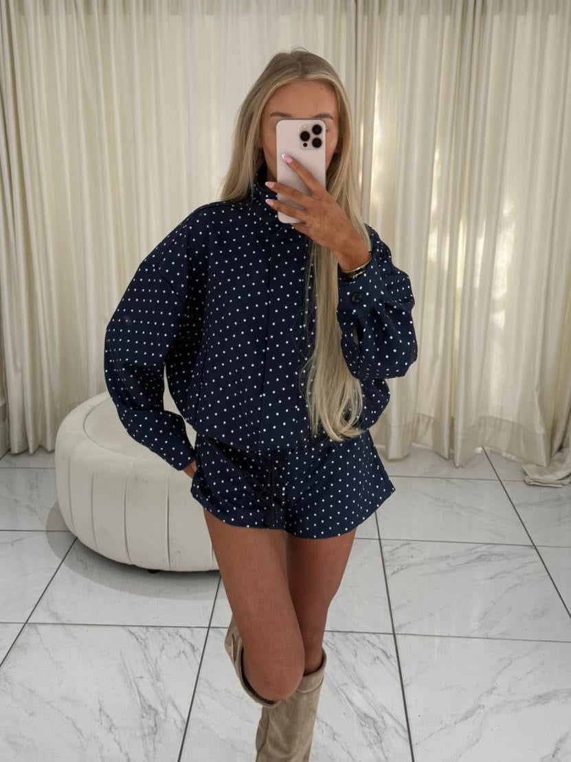 BONNIE Polka Dot Long Sleeved Jacket & Shorts Co-Ord In Navy