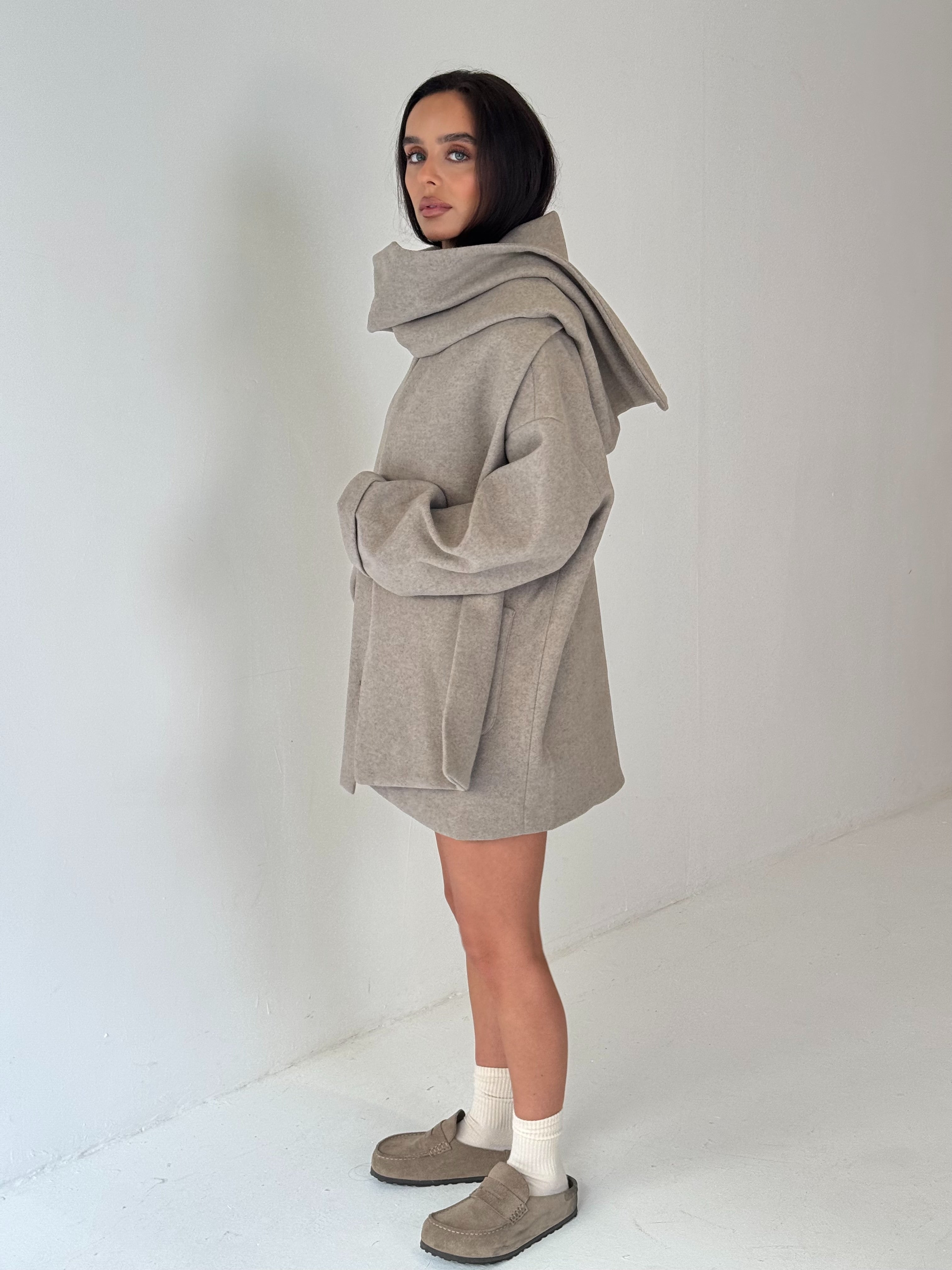 Caramella WINNIE Wool Look Button Up Jacket & Scarf In Oatmeal