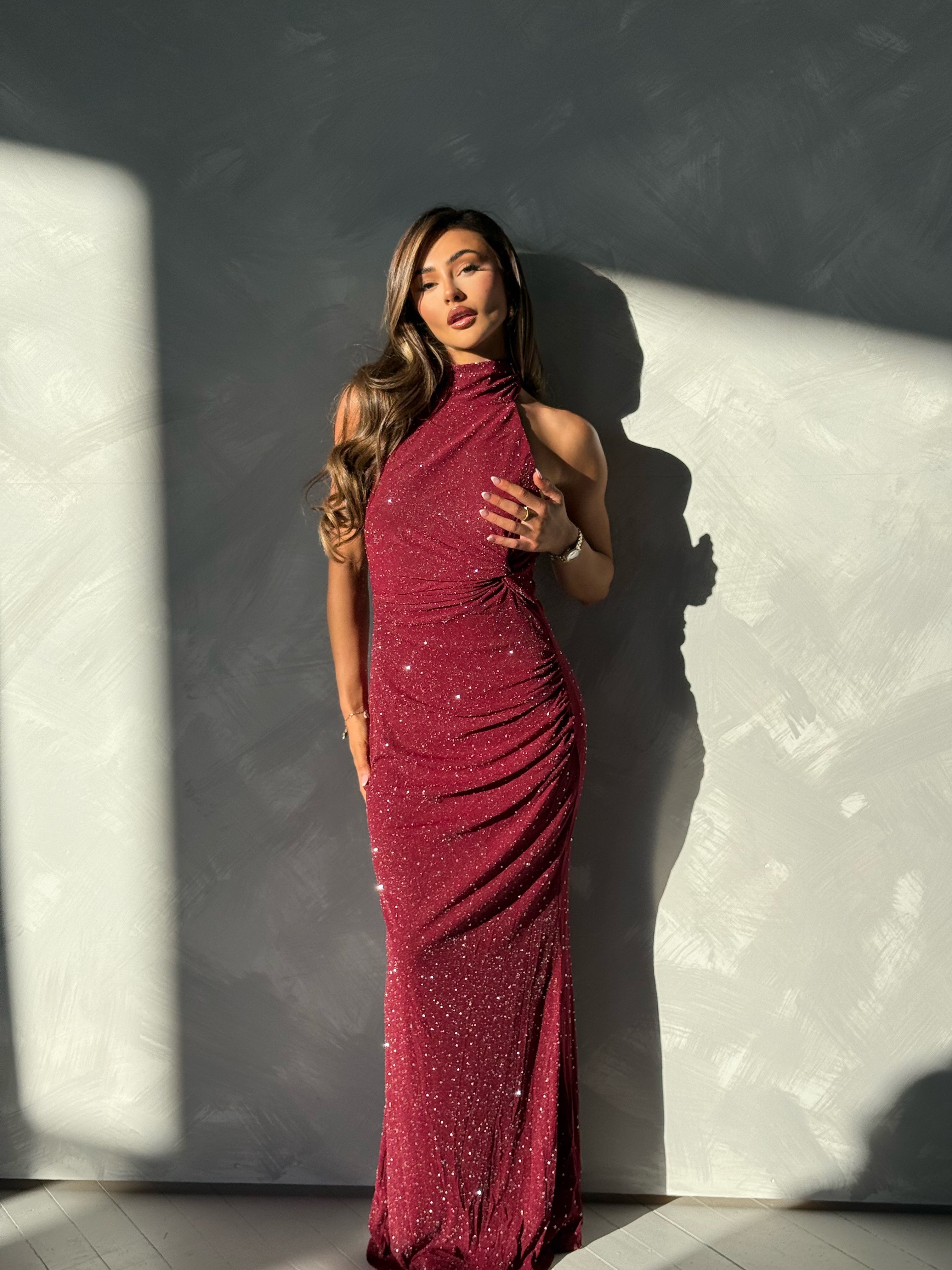 LUCIENNE Diamanté Halterneck Backless Maxi Dress In Burgundy