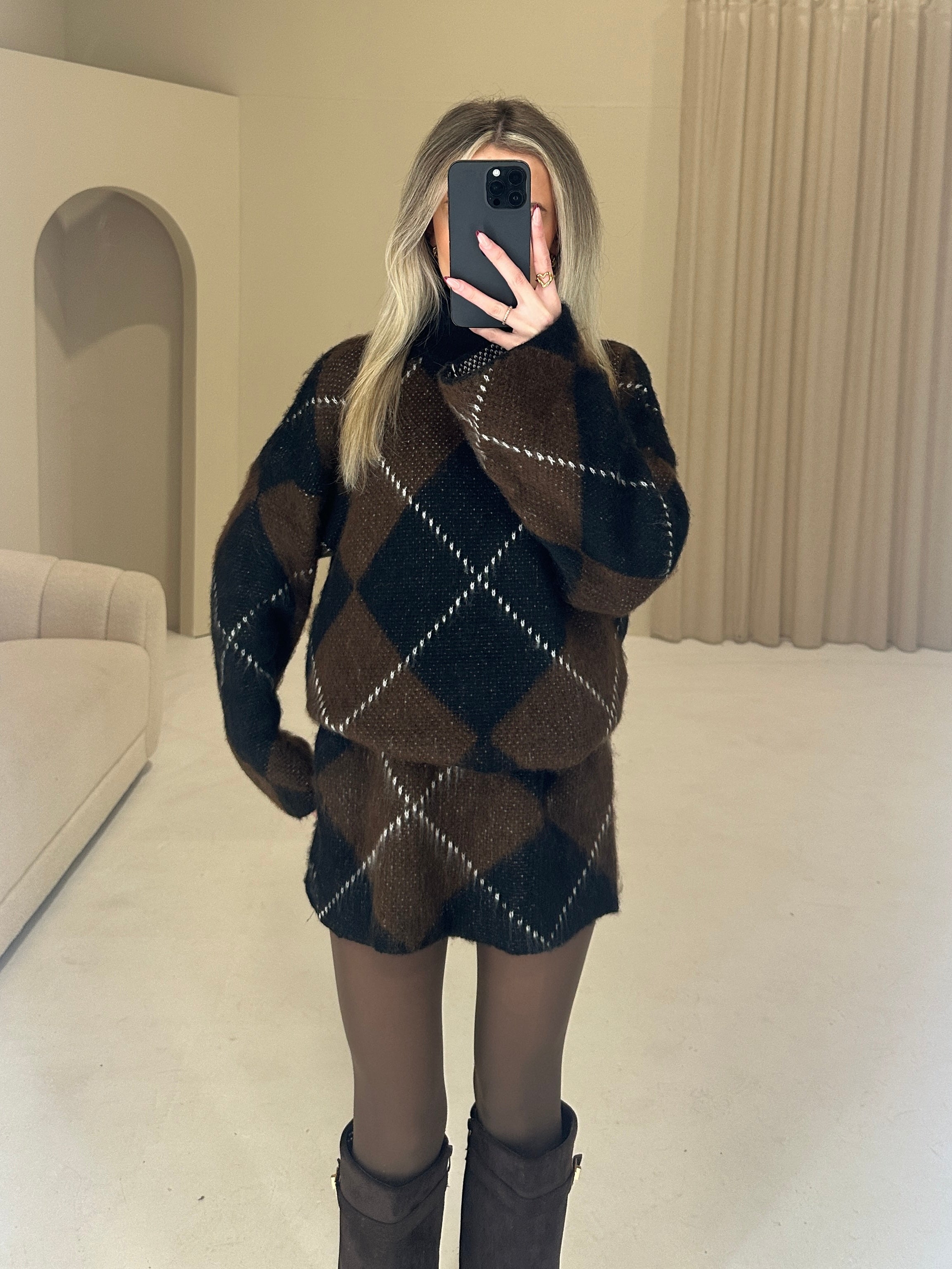 GRACE High Neck Knitted Argyle Jumper & Mini Skirt Co-Ord In Chocolate