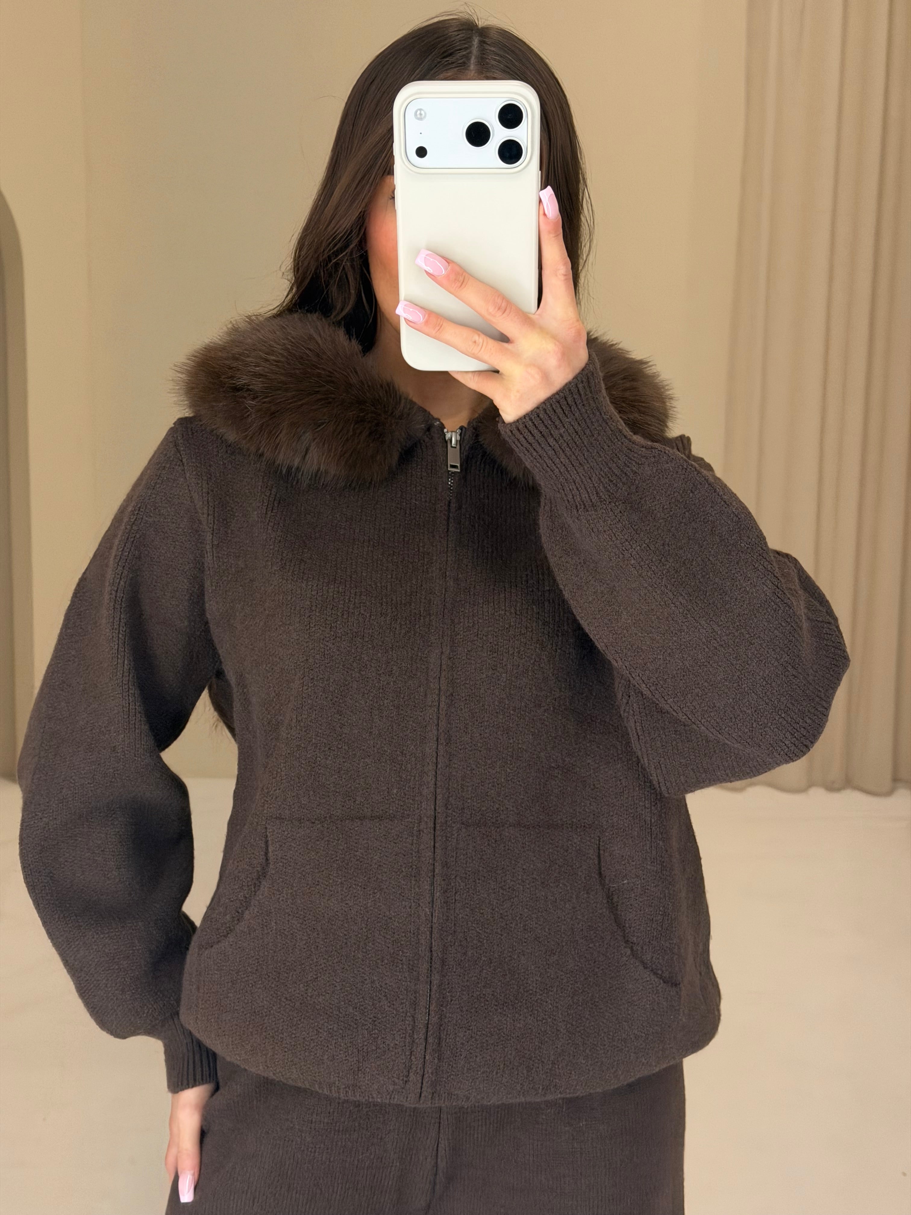 TEDDY Faux Fur Hooded Zip Up Top & Wide Leg Lounge Set In Chocolate