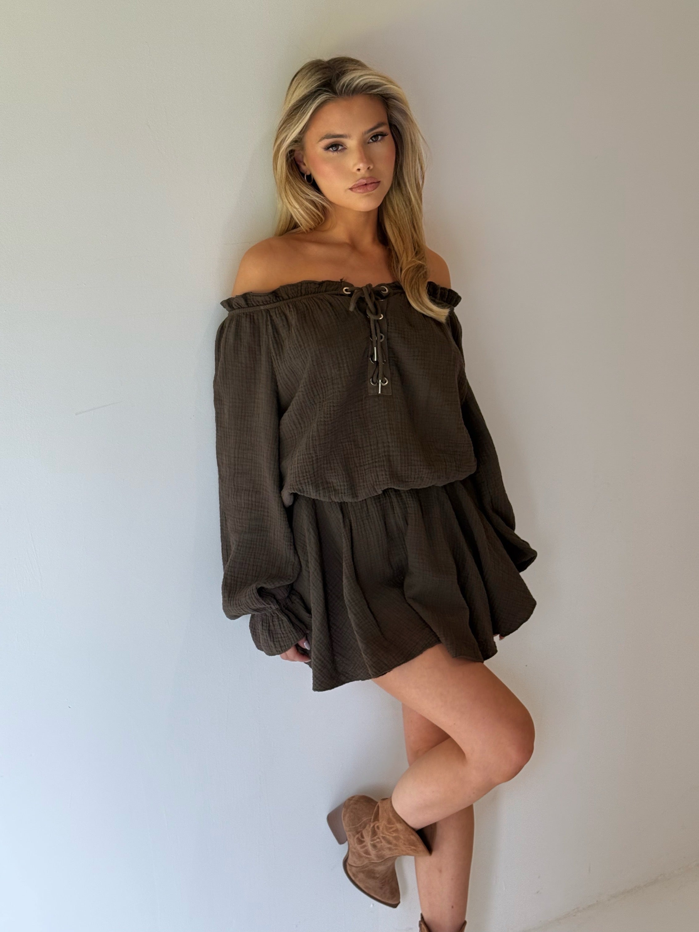 HAZEL Cheesecloth Long Sleeved Bardot Tie Up Mini Dress In Coco