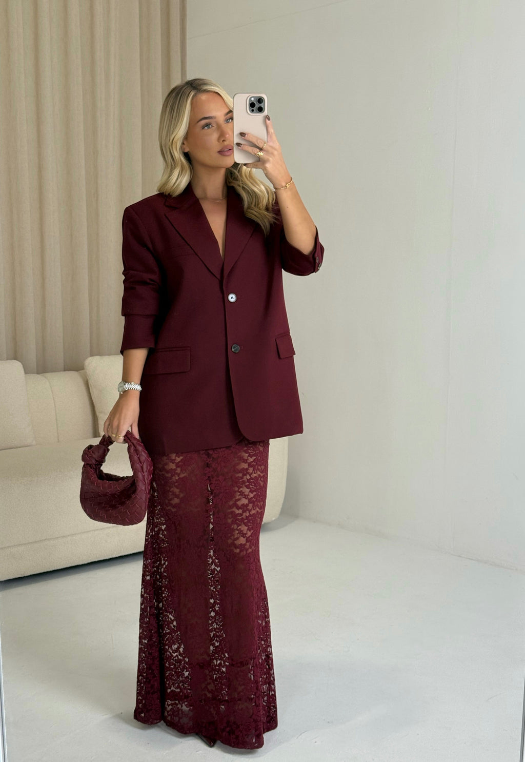 ELL Floral Lace Maxi Skirt In Burgundy