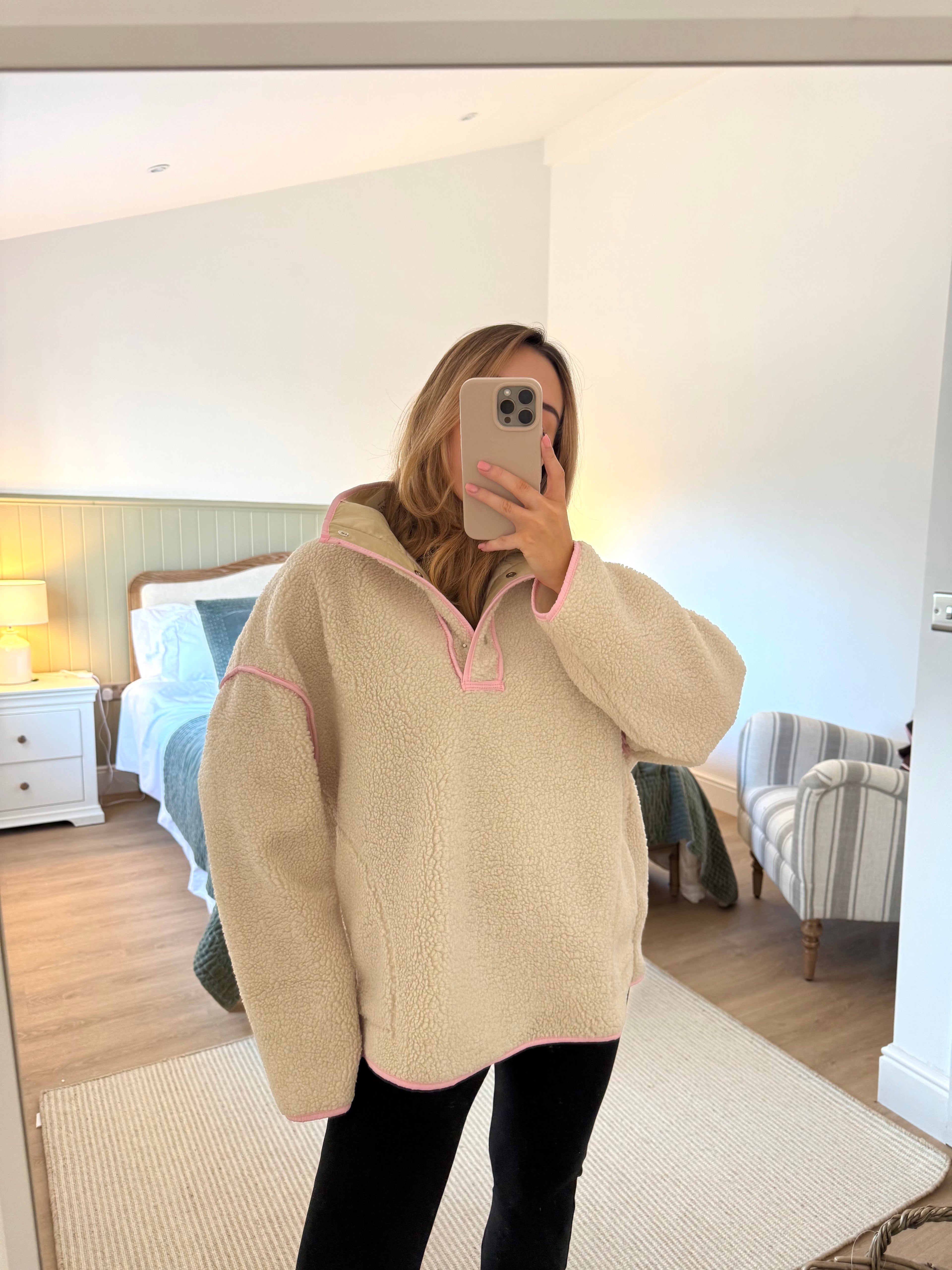 SADIE Shearling Long Sleeved Button Up Fleece In Vanilla Milkshake