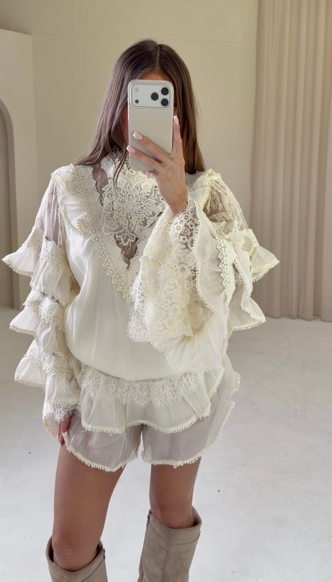 ISABEL Ruffle Long Sleeve Top & Mini Shorts Co-Ord In Cream