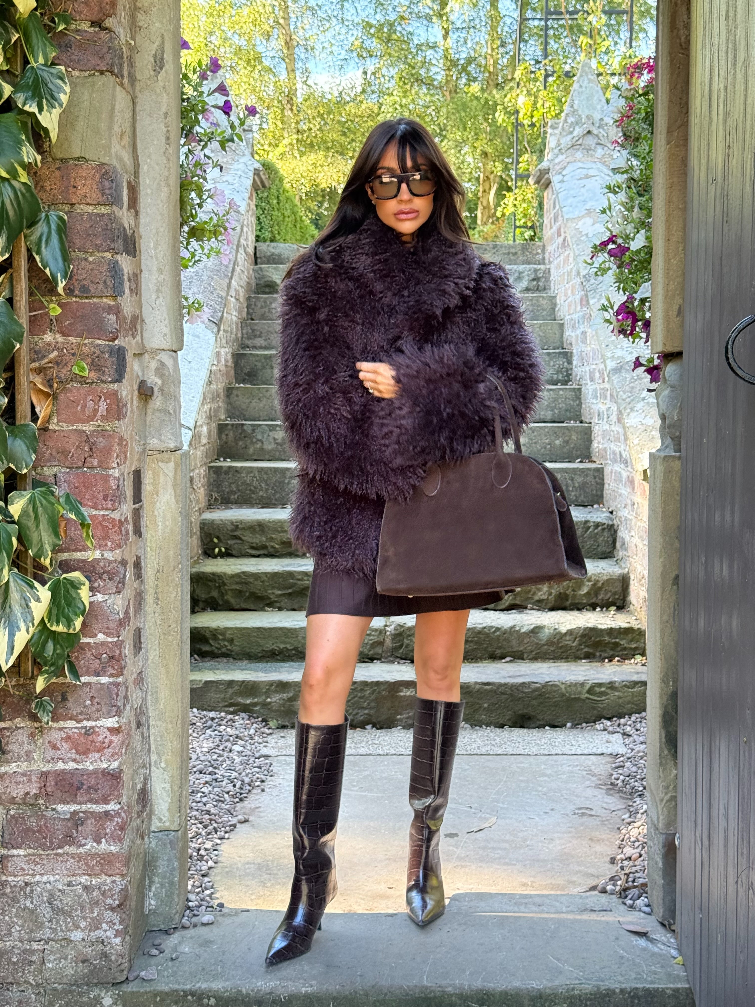 ARCTIC Long Sleeved Faux Mongolian Collared Jacket In Chocolate Plum