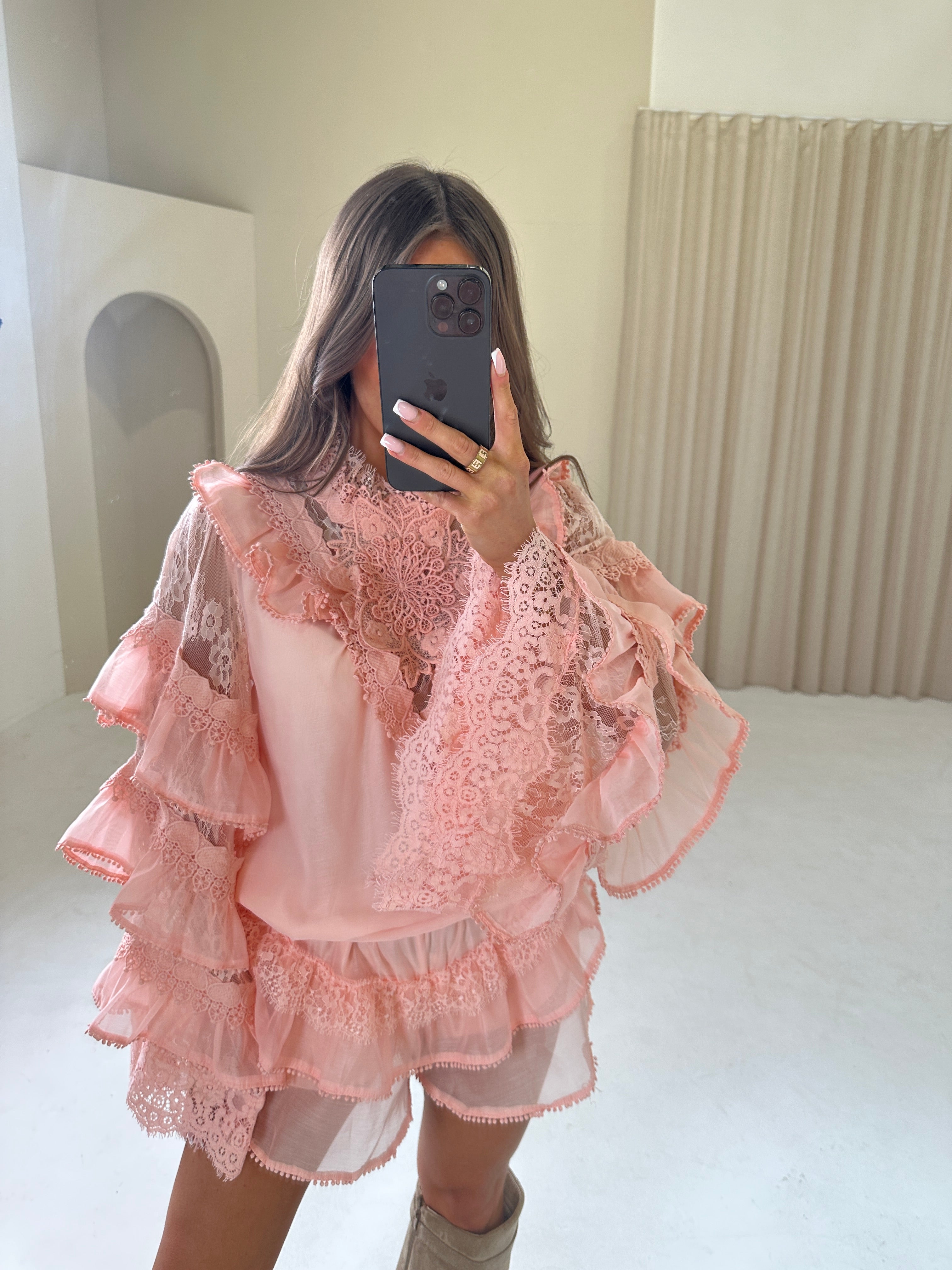 ISABEL Ruffle Long Sleeve Top & Mini Shorts Co-Ord In Peach