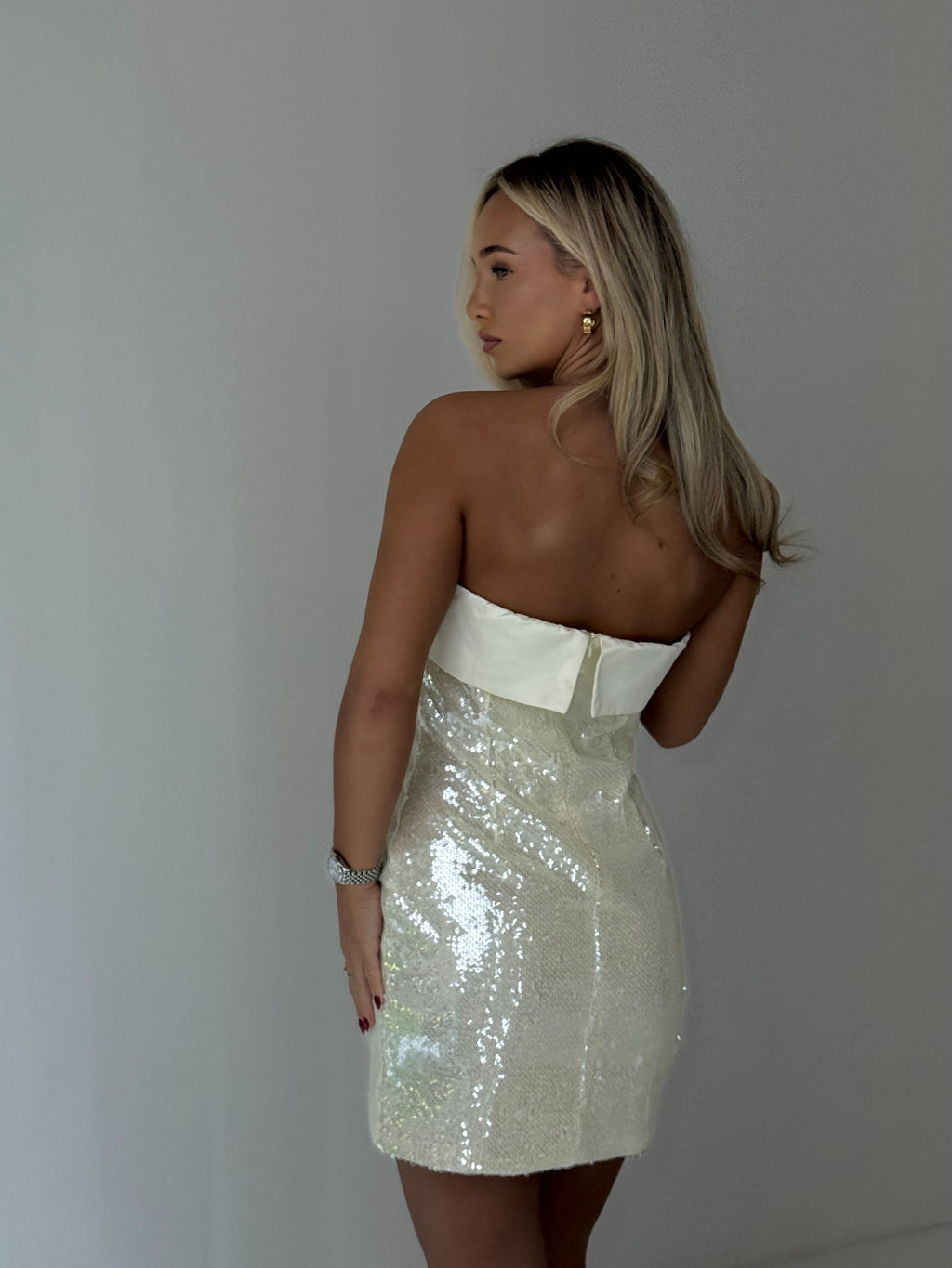 SERENA Satin Fold Over Sequin Mini Dress In Champagne