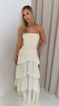 RHEA Bandeau Ruffle Tiered Maxi Dress In Beige