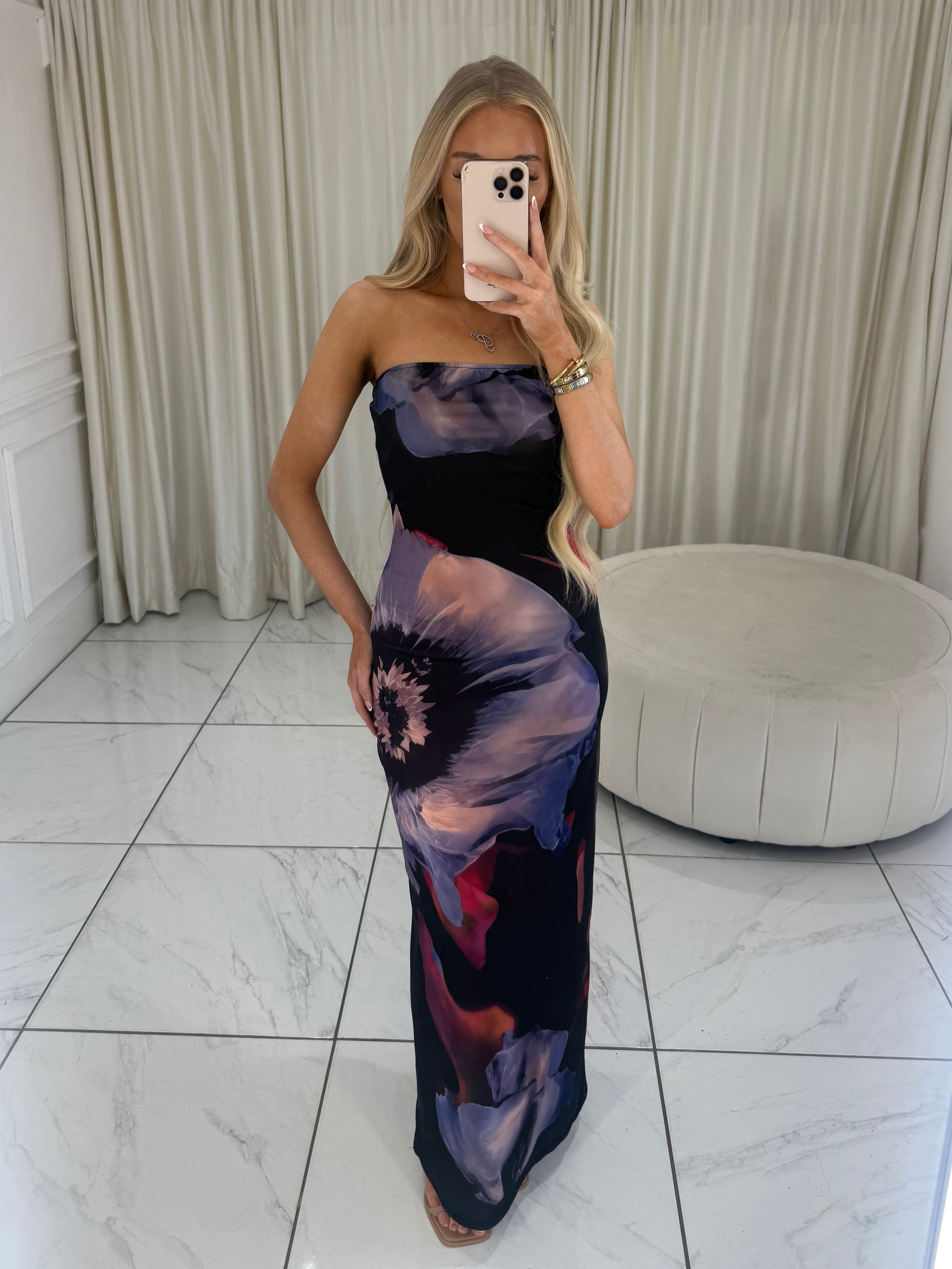 LILA Satin Floral Bandeau Maxi Dress In Purple