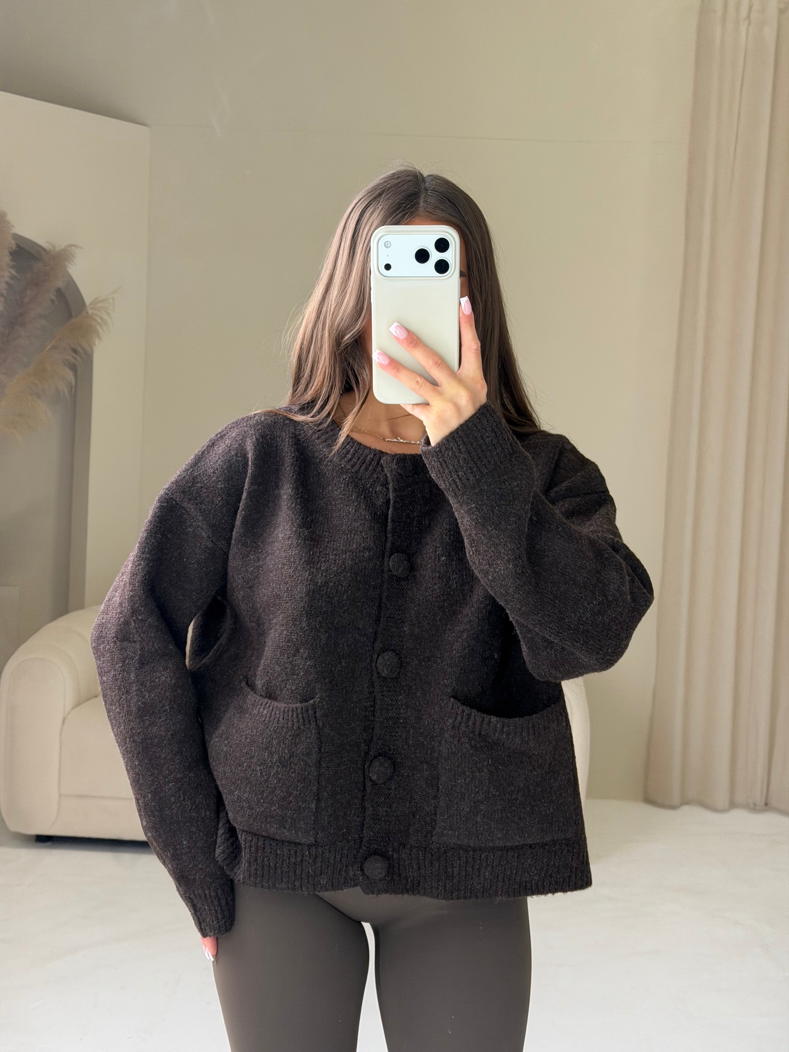 THEA Knitted Long Sleeved Button Up Cardigan In Chocolate