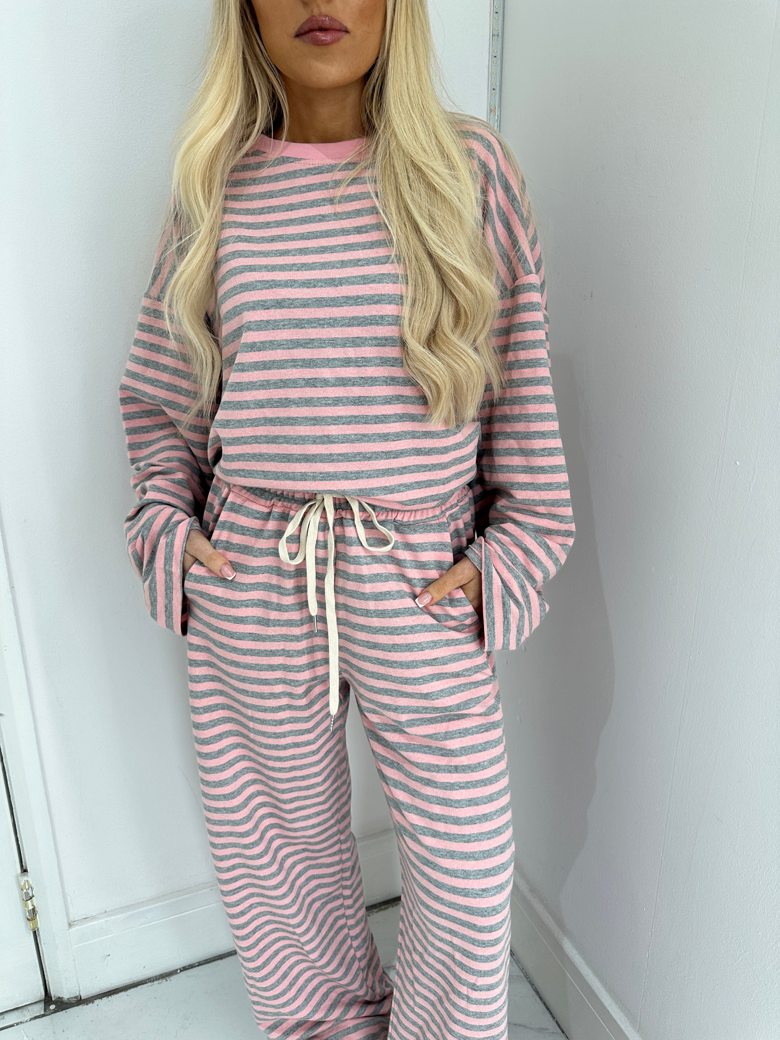 WILLOW Striped Long Sleeved Top & Wide Leg Trouser Co-Ord In Pink