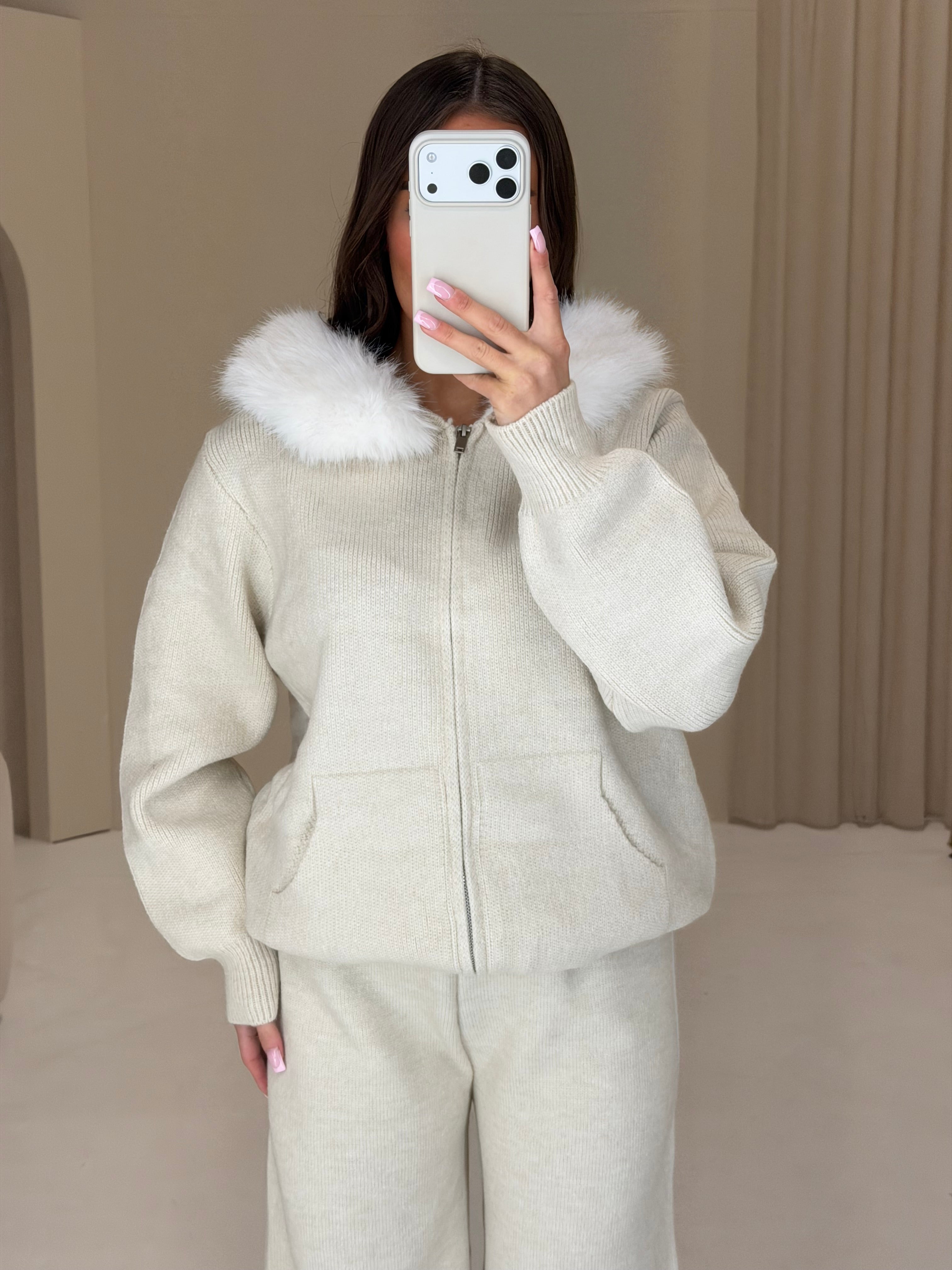 TEDDY Faux Fur Hooded Zip Up Top & Wide Leg Lounge Set In Cream