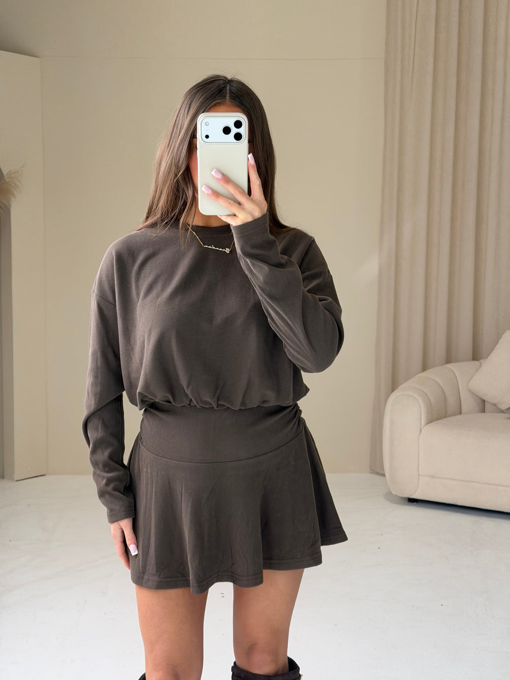 LAURA Long Sleeved Ruched Hem Detail Mini Dress In Chocolate