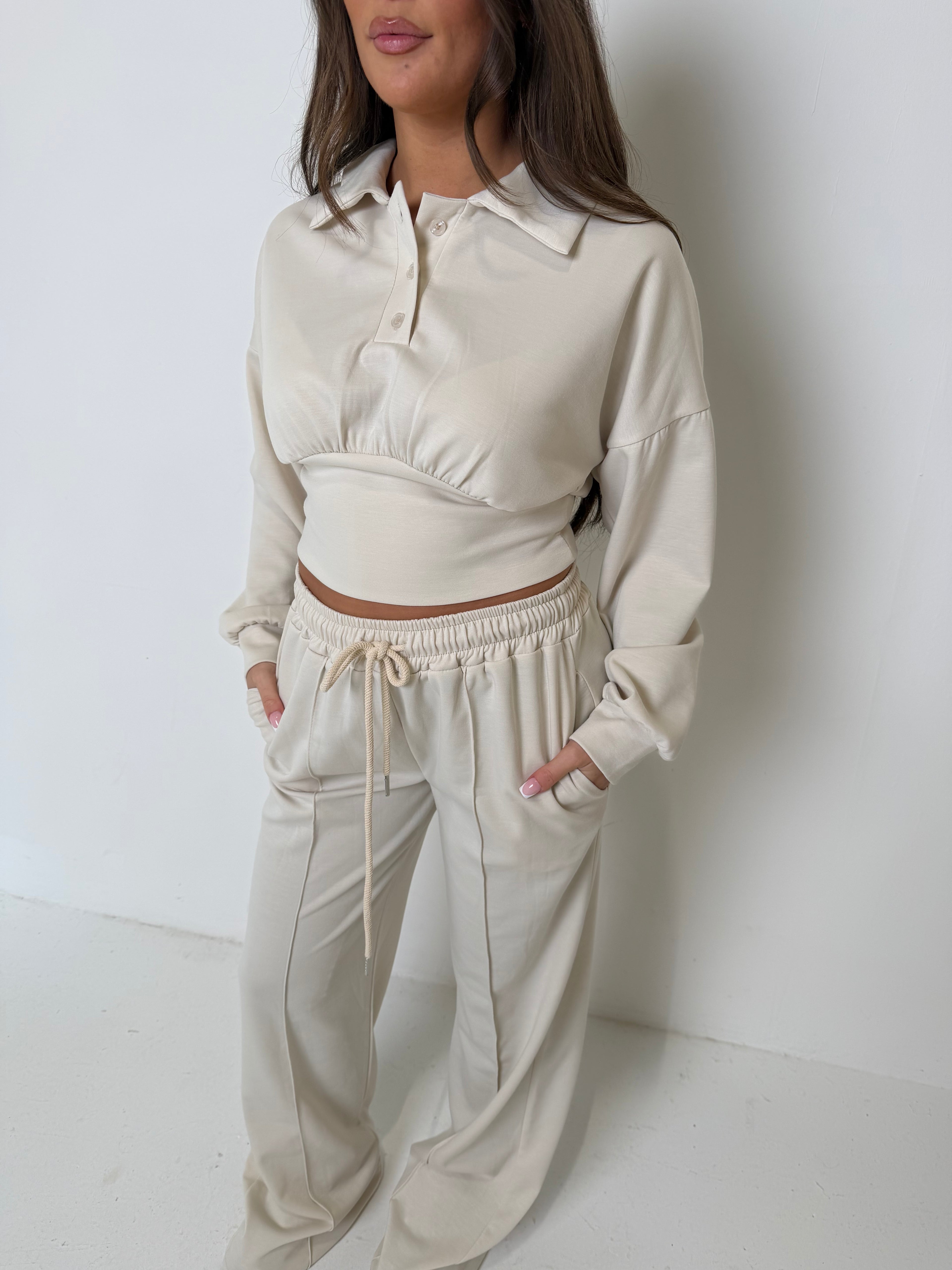 NELLIE Button Up Jumper & Wide Leg Lounge Set In Stone