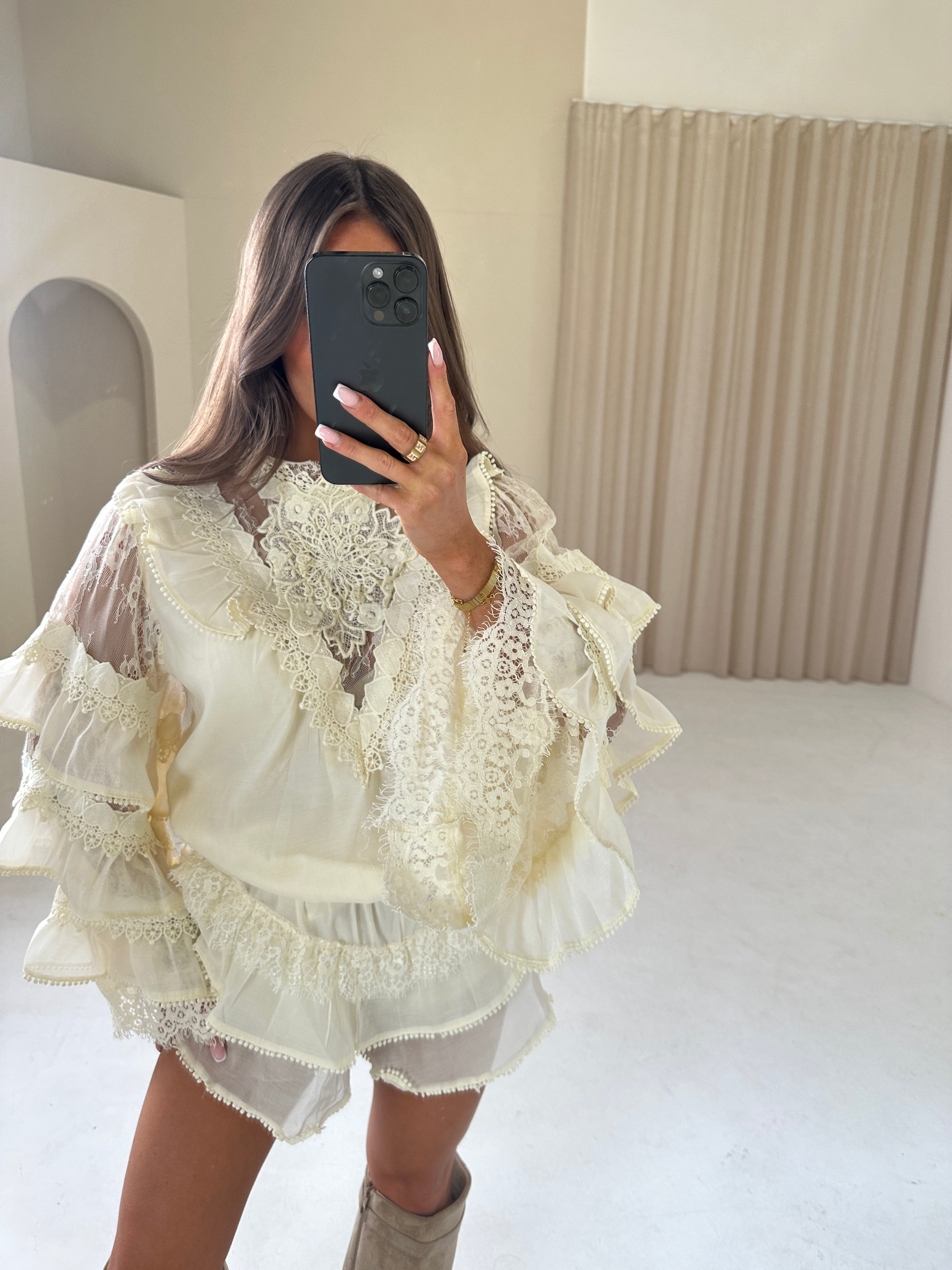 ISABEL Ruffle Long Sleeve Top & Mini Shorts Co-Ord In Cream