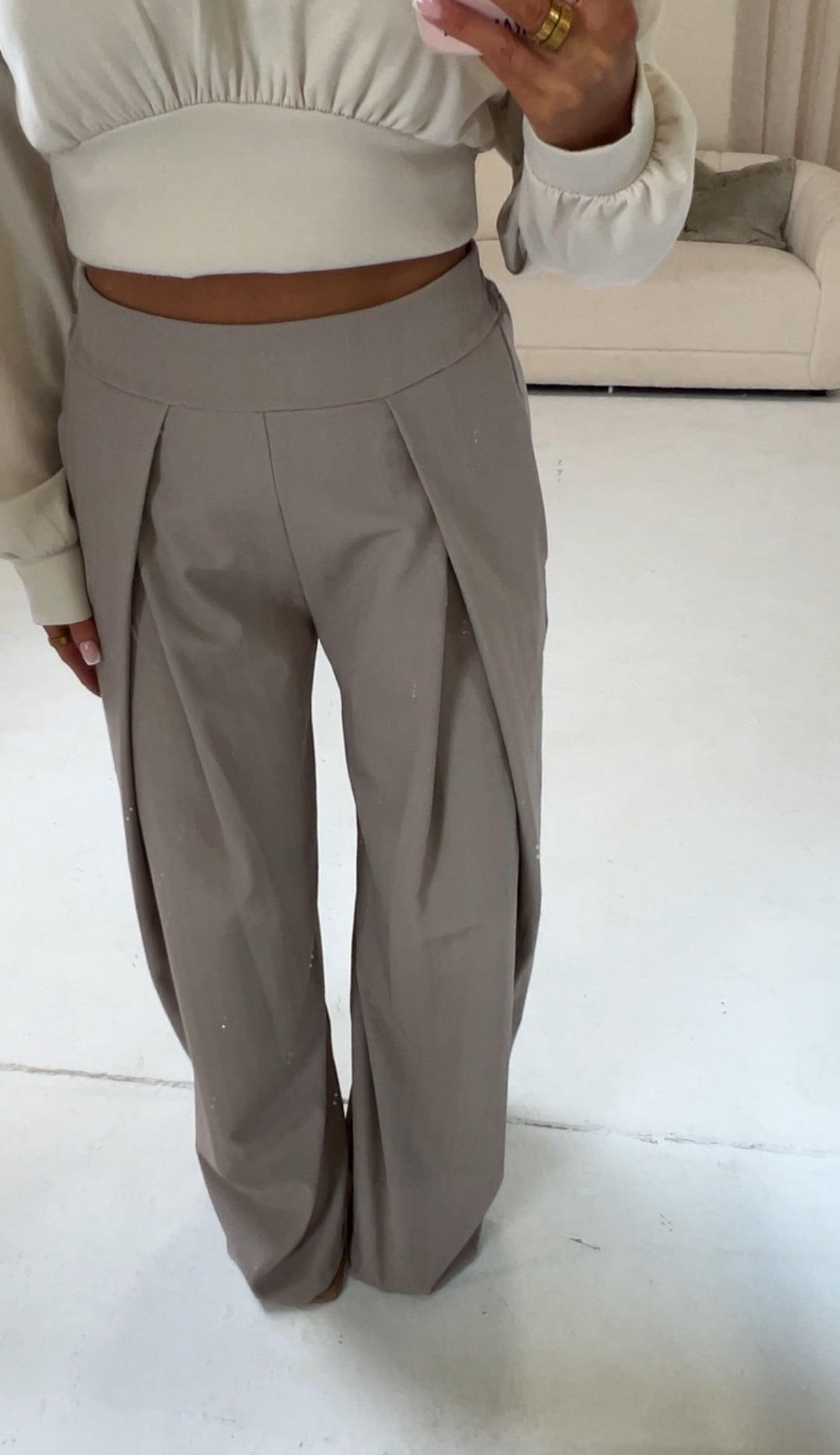 MAE High Waisted Pleated Wide Leg Trousers In Taupe